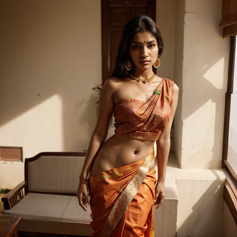 Generate an AI image of a young Indian woman wearing a traditional saree with a vibrant color, accessorized elegantly, and styled in a graceful manner. The focus should be on portraying her cultural attire and the beauty of the garment. (( Tight Blouse )) Seducing eyes , Nippleslip ,