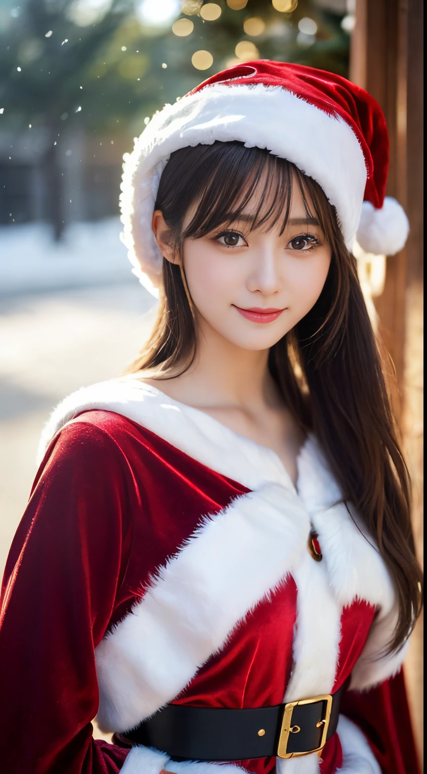 tre anatomically correct,Masterpiece of,High image quality,(Cute Santa Claus costumes:1.5),(The material of the costume is fine velvet:1.4),(The white part of the costume uses mohair to emphasize the fluffy feel....:1.4),15 years old, Japan Female, (Random posture:1.4),Professional Lighting,((Japan hair)),((Natural smile)),The ultra-detailliert、High quality textures、intricate detailes、detaileds、Very detailed CG、High quality shadows、Detail Beautiful delicate face、Detail Beautiful delicate eyes、depth of fields、Ray traching,1girl in, japanaese girl, Fashion Model, slender,Warm atmosphere,Outdoors with a Christmas atmosphere