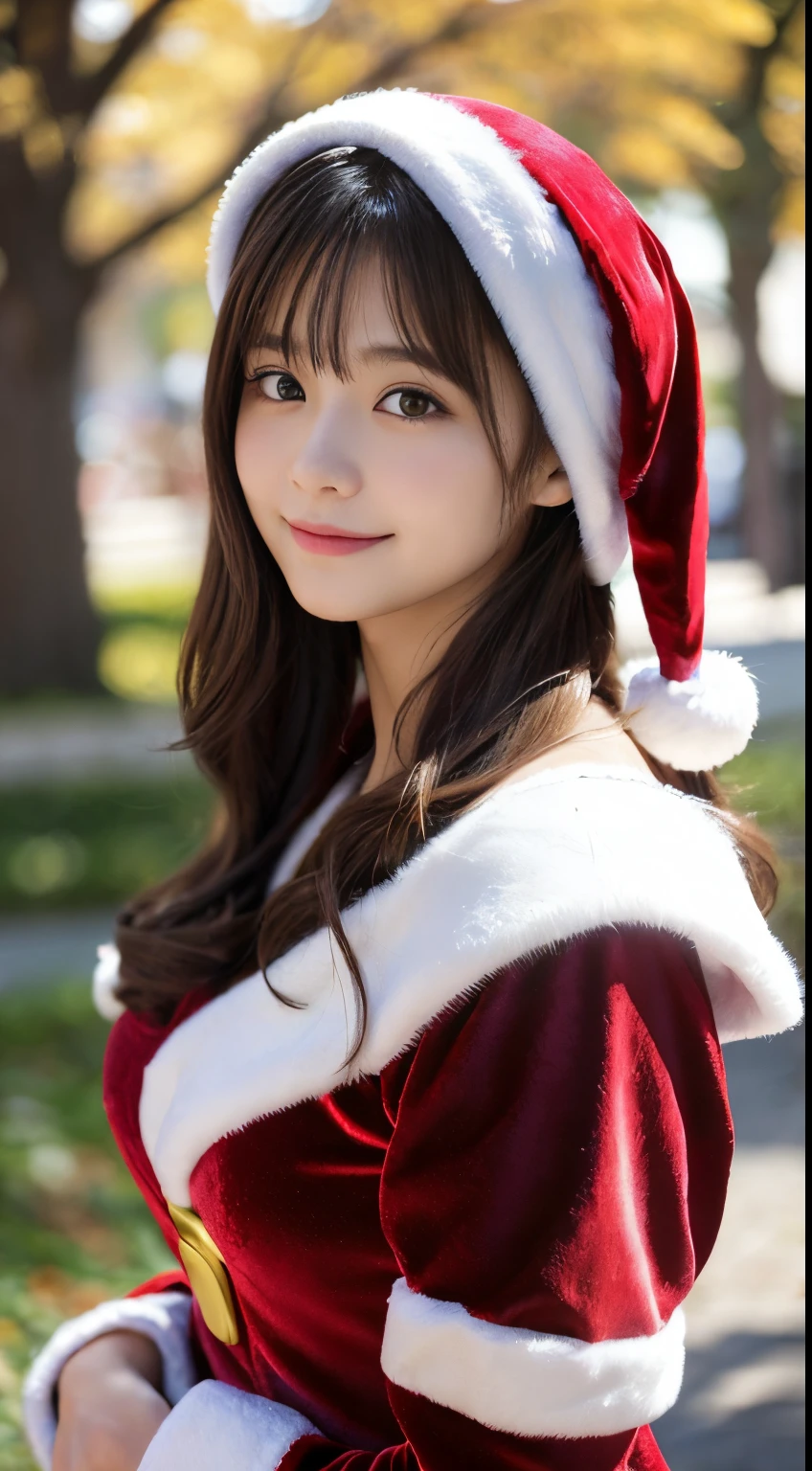 tre anatomically correct,Masterpiece of,High image quality,(Cute Santa Claus costumes:1.5),(The material of the costume is fine velvet:1.4),(The white part of the costume uses mohair to emphasize the fluffy feel....:1.4),, Japan Female, (Random posture:1.4),Professional Lighting,((Japan hair)),((Natural smile)),The ultra-detailliert、High quality textures、intricate detailes、detaileds、Very detailed CG、High quality shadows、Detail Beautiful delicate face、Detail Beautiful delicate eyes、depth of fields、Ray traching,1girl in, japanaese girl, Fashion Model, slender,Warm atmosphere,Outdoors with a Christmas atmosphere