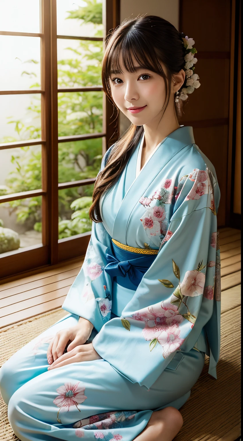 (Photorealsitic:1.4), (Top image quality:1.0), (超A high resolution:1.0), 8K, Raw photography, (​masterpiece:0.2), (pureerosface_v1:0.5)、(Best Quality Detail:1.2)、realisitic、8K UHD、hight resolution、(1girl in:1.2)、The ultra-detailliert、High quality textures、intricate detailes、detaileds、Very detailed CG、High quality shadows、Detail Beautiful delicate face、Detail Beautiful delicate eyes、depth of fields、Ray traching,1girl in, japanaese girl, Cute, slender,  Kimono with Japanese pattern,Floral scrunchie, Beautiful skin, Facing the front,Sit down, Sit upright and say thank you,Align your hands elegantly,Smile faintly The Land of Japan,Japanese garden,Luxury Japanese-style room, skyporn, Magic Hour, (Realistic:1.3), Finely detailed, quality, (masutepiece:1.2), (Photorealistic:1.2), (Best Quality), (Intricate details), Dramatic, Ray tracing, photograph, +Lola
