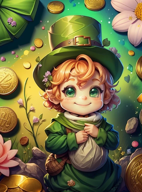 (cute leprechaun smiling with big green sack and flowers and coins) Munchkin ,Geometric multidimensional wall portrait, livro de arte, Tchibi,
Yang08k, Beautiful, Colouring,
Obras, of the highest quality, best quality, Arte Oficial, Beautiful and Aesthetic,