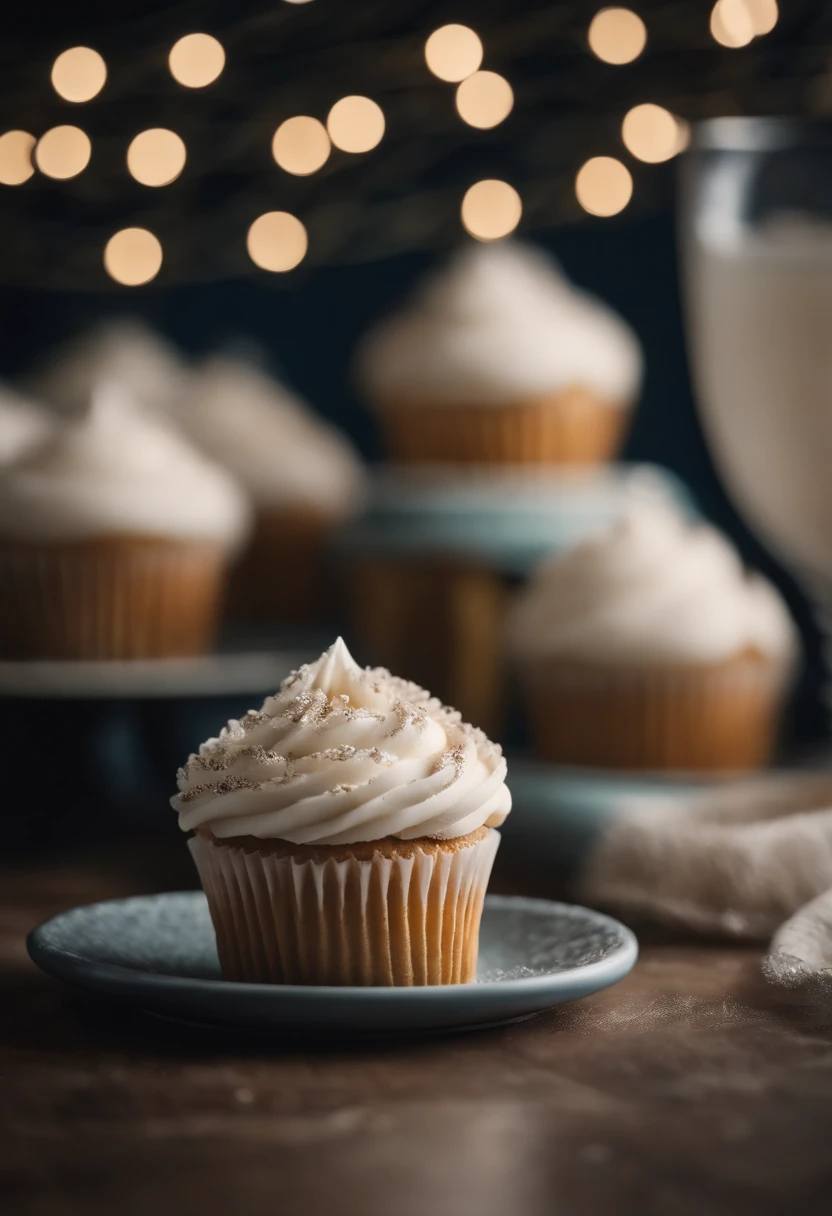 Capture a detail shot of a perfectly frosted cupcake, showcasing the intricate piping work and decorative elements that make it a visually appealing and sweet snack