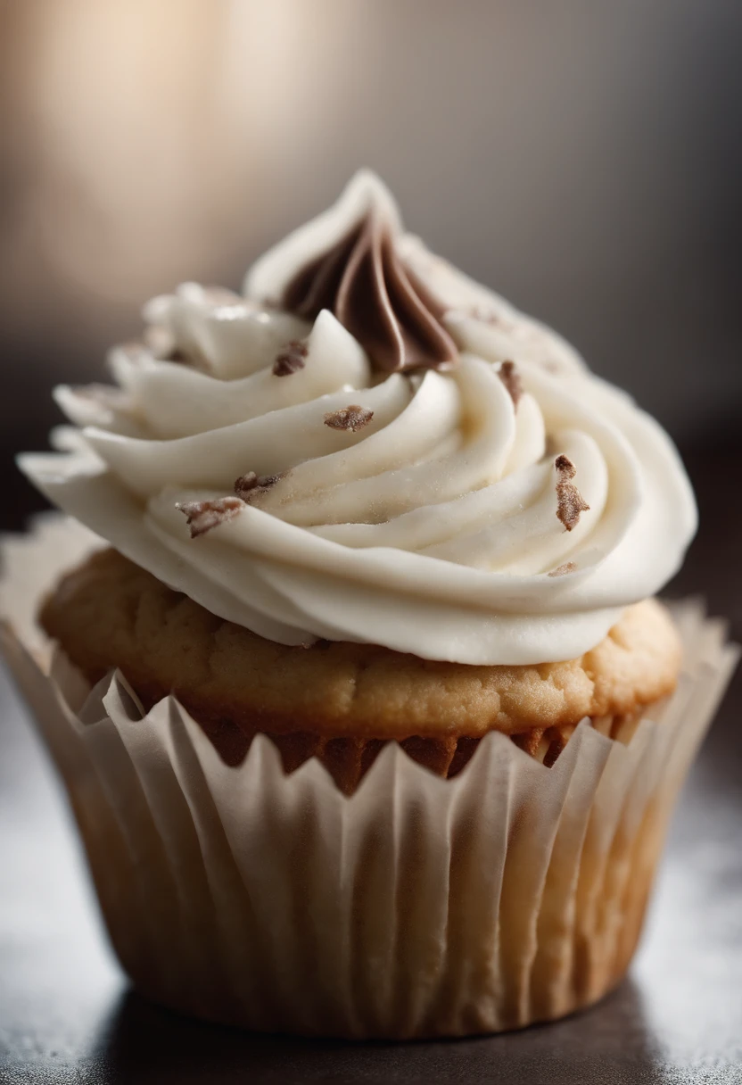 Capture a detail shot of a perfectly frosted cupcake, showcasing the intricate piping work and decorative elements that make it a visually appealing and sweet snack