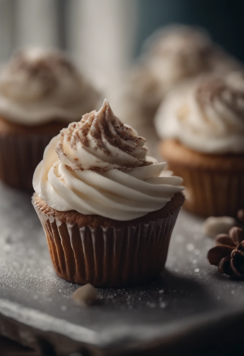 Capture a detail shot of a perfectly frosted cupcake, showcasing the intricate piping work and decorative elements that make it a visually appealing and sweet snack