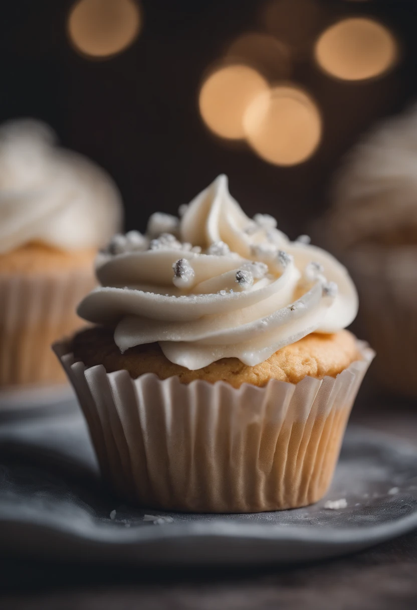 Capture a detail shot of a perfectly frosted cupcake, showcasing the intricate piping work and decorative elements that make it a visually appealing and sweet snack