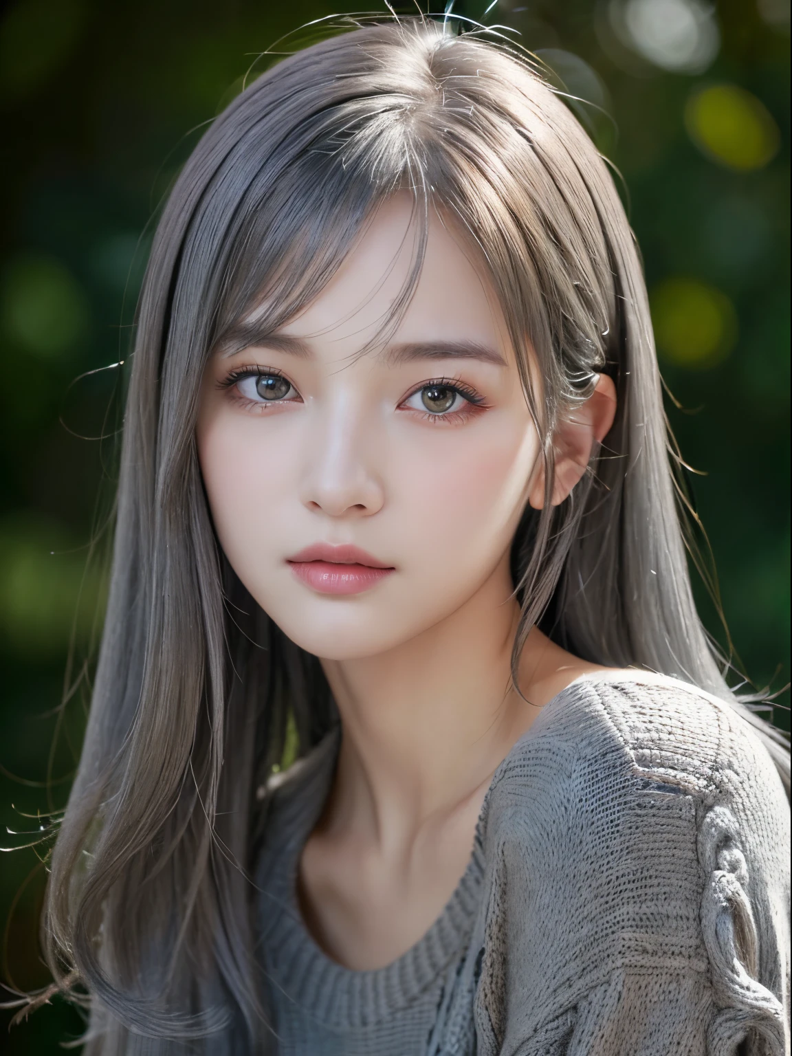 (masuter piece:1.3)、(8K、Photorealsitic、Raw photography、top-quality: 1.4)、(1girl in)、美丽的面容、(Lifelike face)、(Gray hair:1.5)、(Medium Hair)、Beautiful hairstyle、（One eye is hidden by bangs：1.5）、realisticeyes、Beautiful details、（real looking skin）、Beautiful skins、（Black sweater）、absurderes、enticing、超A high resolution、A hyper-realistic、high-detail、the golden ratio