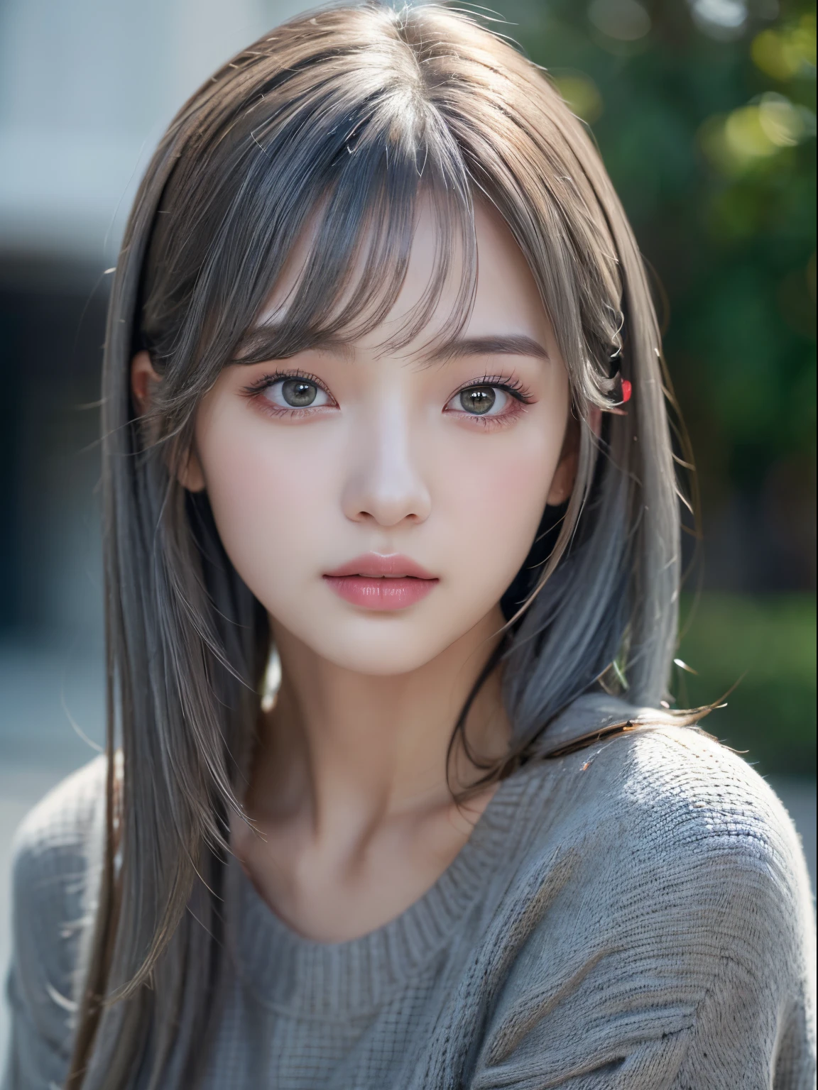 (masuter piece:1.3)、(8K、Photorealsitic、Raw photography、top-quality: 1.4)、(1girl in)、美丽的面容、(Lifelike face)、(Gray hair:1.5)、(Medium Hair)、Beautiful hairstyle、(One eye is hidden by bangs:1.5)、realisticeyes、Beautiful details、(real looking skin)、Beautiful skins、(Black sweater)、absurderes、enticing、超A high resolution、A hyper-realistic、high-detail、the golden ratio