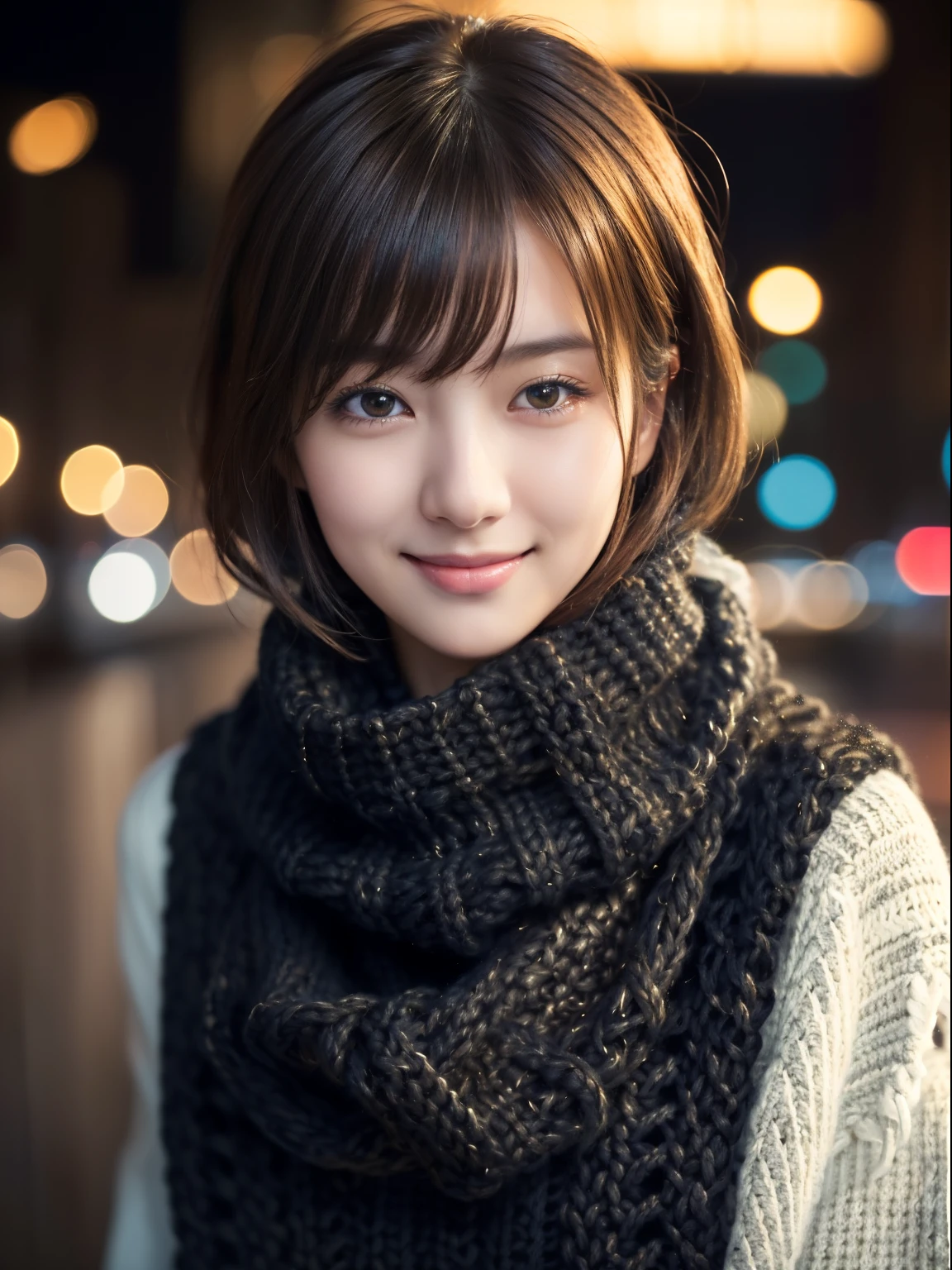 1 japanese idol,(Black sweater:1.4),(She wears a knitted snood around her neck to hide her chin.........:1.5), (Raw photo, Best Quality), (Realistic, Photorealsitic:1.4), Shorthair, Slender face, masutepiece, extremely delicate and beautiful, Extremely detailed, 8k wallpaper, amazing, finely detail, extremely detailed CG Unity, hight resolution, Soft light, beautiful detail, age19, extremely detailed eye and face, beautiful detailed nose, Beautiful detailed eyes,Cinematic lighting,city light at night,Perfect Anatomy,Slender body,Smiling (hair messy, asymmetrical bangs, light brown hair,)