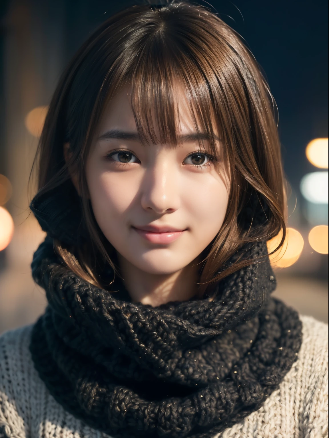 1 japanese idol,(Black sweater:1.4),(She wears a knitted snood around her neck to hide her chin.........:1.5), (Raw photo, Best Quality), (Realistic, Photorealsitic:1.4), Shorthair, Slender face, masutepiece, extremely delicate and beautiful, Extremely detailed, 8k wallpaper, amazing, finely detail, extremely detailed CG Unity, hight resolution, Soft light, beautiful detail, age19, extremely detailed eye and face, beautiful detailed nose, Beautiful detailed eyes,Cinematic lighting,city light at night,Perfect Anatomy,Slender body,Smiling (hair messy, asymmetrical bangs, light brown hair,)