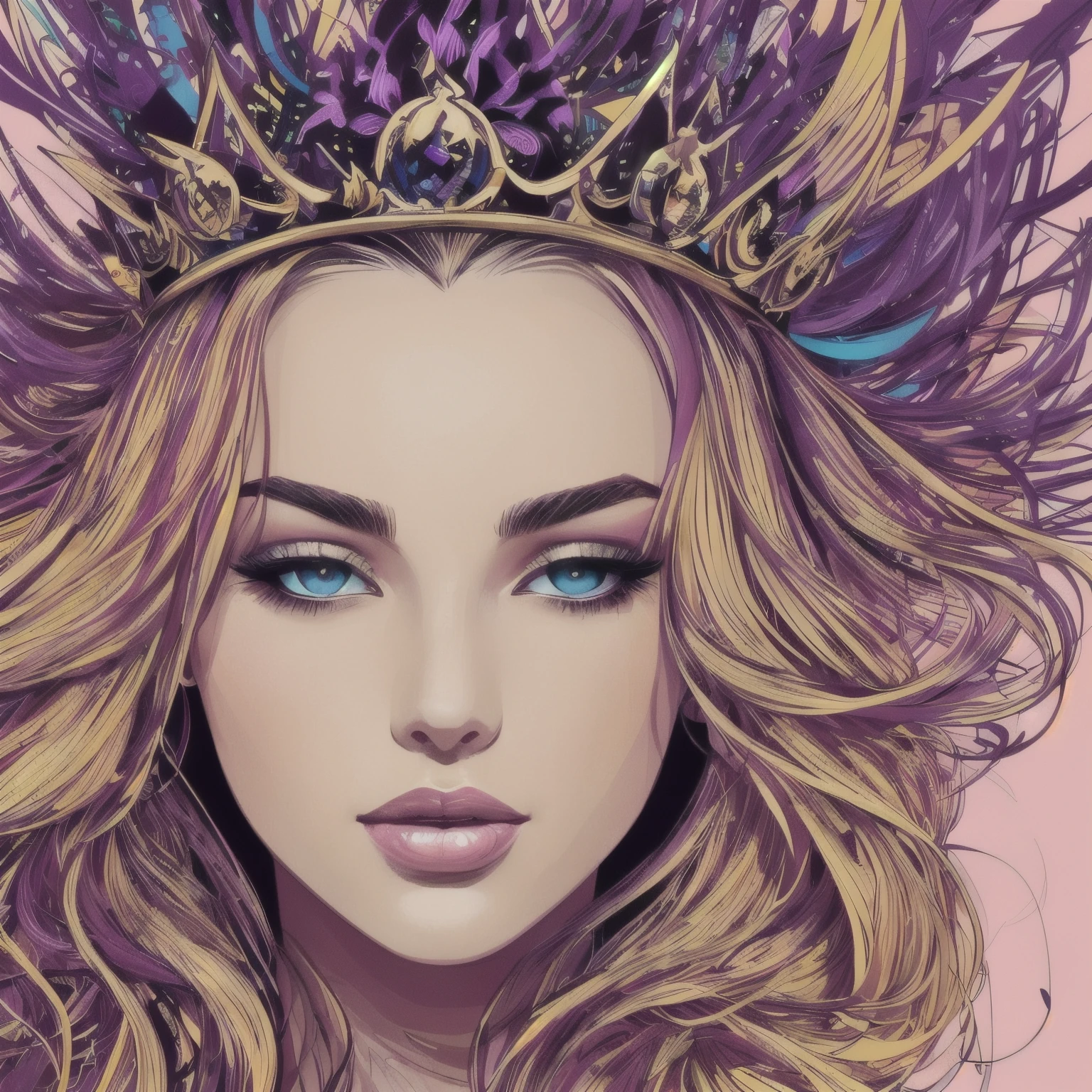 ((best quality)), ((masterpiece)), (detailed), perfect faceHighly detailed, High Quality, Masterpiece, beautiful, FISideRight, side right face angle, perfect face, abstract beauty, Create a digital art work in pop art style, luxury elegance bold with hint of feminine, happy & youthful, authentic, brave, princess wearing crown, (purple), (gold), centered, key visual, intricate, highly detailed, breathtaking beauty, precise lineart, vibrant, comprehensive cinematic, Carne Griffiths, Conrad Roset, vector art, Colorful graffiti illustration, (the most beautiful portrait in the world:1.5)