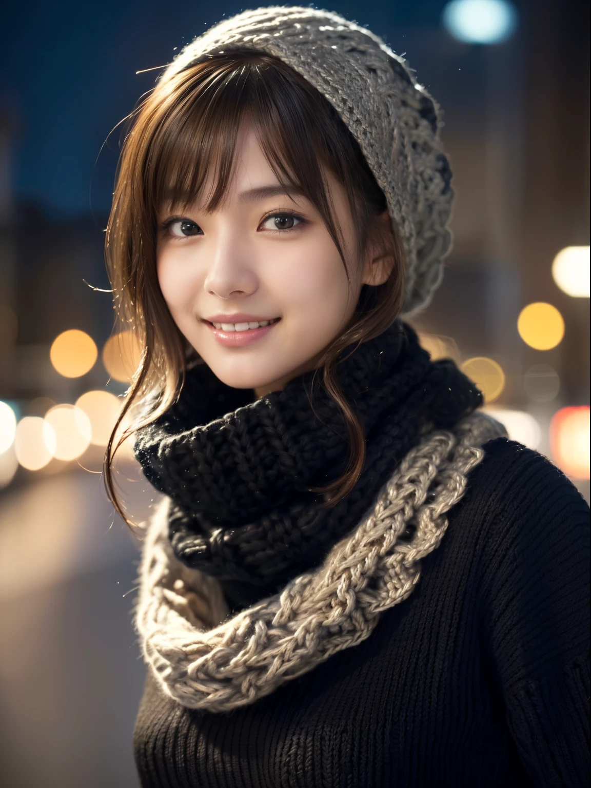 1 japanese idol,(Black sweater:1.4),(She wears a knitted snood around her neck to hide her chin...........:1.5), (Raw photo, Best Quality), (Realistic, Photorealsitic:1.4), Shorthair, Slender face, masutepiece, extremely delicate and beautiful, Extremely detailed, 8k wallpaper, amazing, finely detail, extremely detailed CG Unity, hight resolution, Soft light, beautiful detail, age19, extremely detailed eye and face, beautiful detailed nose, Beautiful detailed eyes,Cinematic lighting,city light at night,Perfect Anatomy,Slender body,Smiling  (hair messy, asymmetrical bangs, light brown hair,)