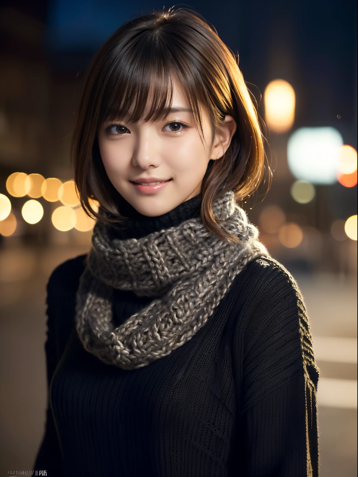 1 japanese idol,(Black sweater:1.4),(She wears a knitted snood around her neck to hide her chin...........:1.5), (Raw photo, Best Quality), (Realistic, Photorealsitic:1.4), Shorthair, Slender face, masutepiece, extremely delicate and beautiful, Extremely detailed, 8k wallpaper, amazing, finely detail, extremely detailed CG Unity, hight resolution, Soft light, beautiful detail, age19, extremely detailed eye and face, beautiful detailed nose, Beautiful detailed eyes,Cinematic lighting,city light at night,Perfect Anatomy,Slender body,Smiling (hair messy, asymmetrical bangs, light brown hair,)