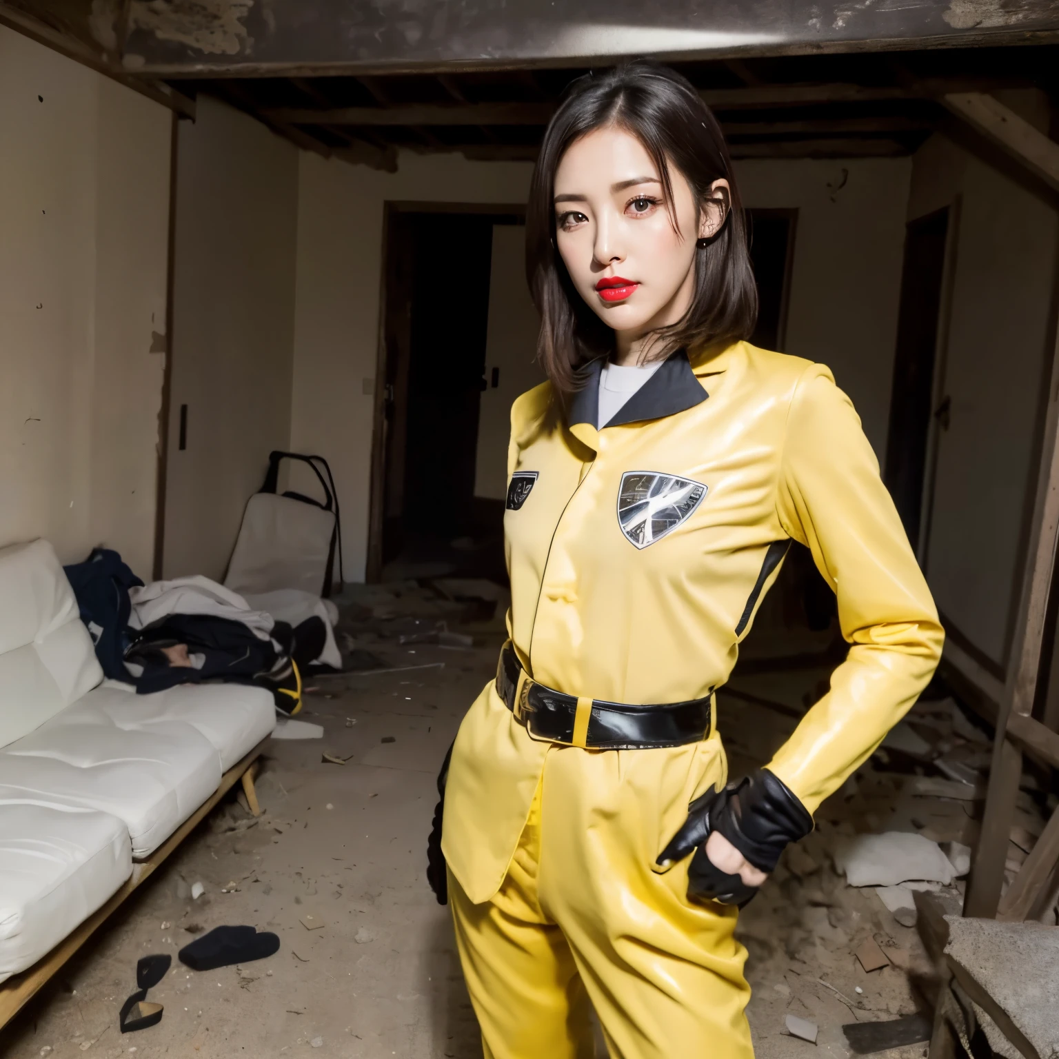 (masterpiece:1.1, Best Quality:1.1, 32K HDR, High resolution), (1girl in, Solo), Japanese cool and beauty girls, (Realistic portrait_Jasmine Deka yellow, Tokusou Sentai Dekaranger, sentai heroine), ultra gigantic breasts, (Nipples visible from under the suit:1.1, heroine yellow suit, sheer suit, See-through suit, Transparent suit, Pink helmet, white boots), Detailed skin texture, (Fighting Pose:1.2, hold a red light saber:1.2, inside a small abandoned house:1.15, sofa, Concrete house, Perfect slim body:1.1),