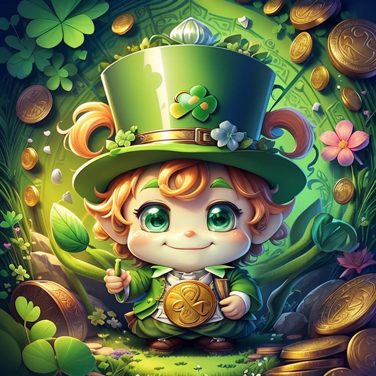 (cute leprechaun smiling with big green sac and flowers and coins and clovers) Munchkin ,Geometric multidimensional wall portrait, livro de arte, Tchibi,
Yang08k, Beautiful, Colouring,
Obras, of the highest quality, best quality, Arte Oficial, Beautiful and Aesthetic,