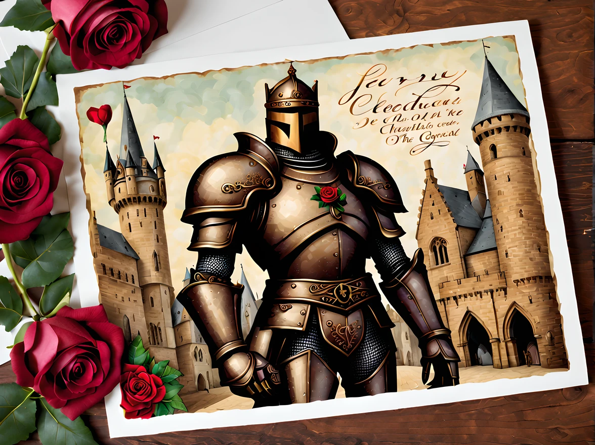 (vintage:1.3), (solo:1.3), design a captivating gothic (((postcard))) standing on a table, featuring a giant gingerbread man noble knight, (the postcard has handwritten text that reads "Jerry" in elegant, gothic font), medieval city, roses, romantic, More Detail