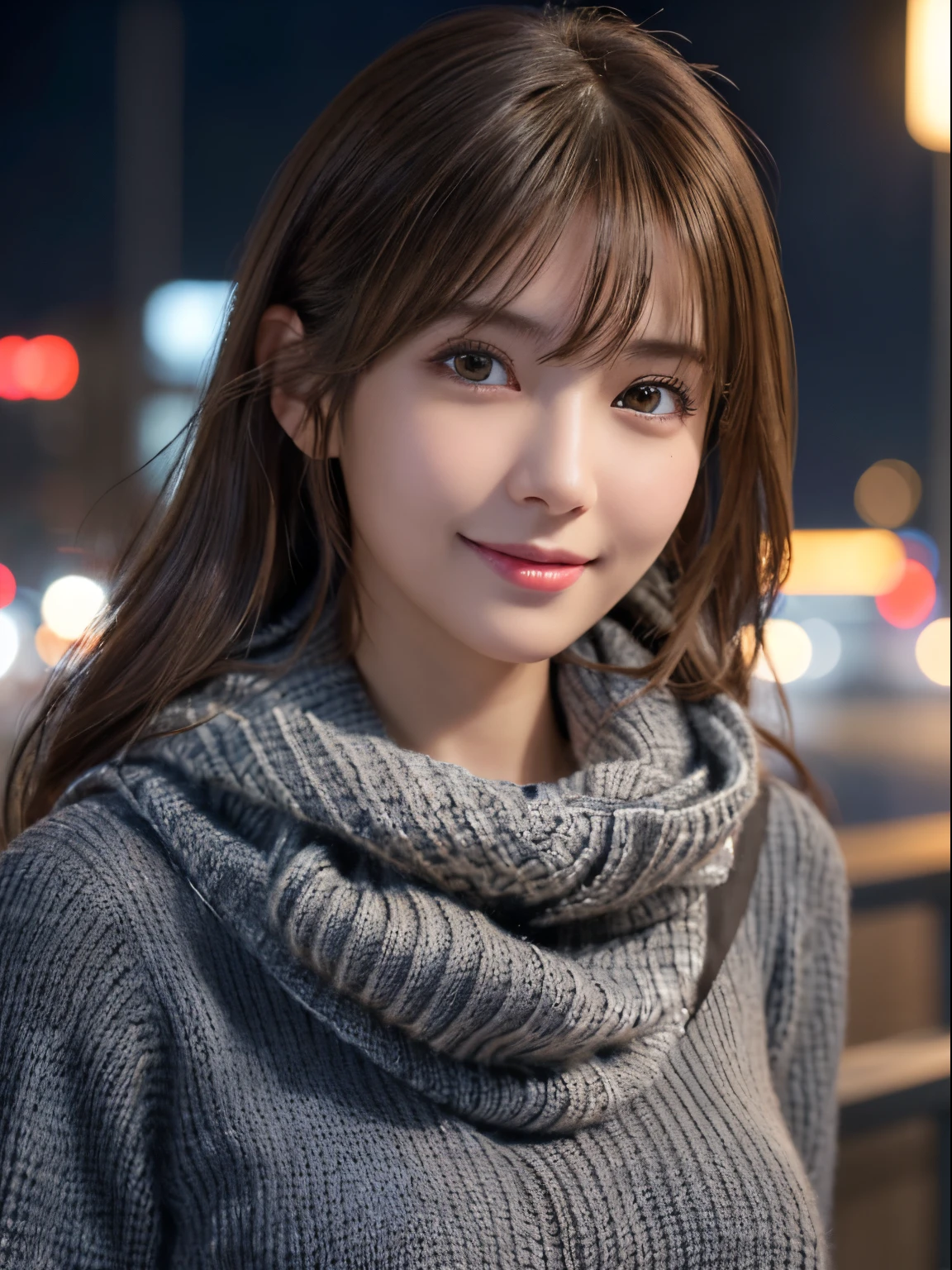 1 japanese girl,(Dark grey sweater:1.4),(she wears a knitted scarf around her neck.:1.2), (Raw photo, Best Quality), (Realistic, Photorealsitic:1.4), masutepiece, extremely delicate and beautiful, Extremely detailed, 8k wallpaper, amazing, finely detail, extremely detailed CG Unity, hight resolution, Soft light, Beautiful detailed 19 year old girl, extremely detailed eye and face, beautiful detailed nose, Beautiful detailed eyes,Cinematic lighting,city light at night,Perfect Anatomy,Slender body,Smiling  (hair messy, asymmetrical bangs, light brown hair,)