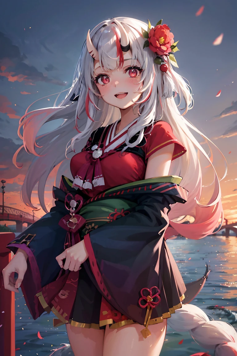 masterpiece, best quality, ultra-detailed, glistening shiny, glowing light, ray tracing, HDR, deph of field, (perfect face, detailed face, detailed eyes,perfect handedium boobs:0.7),8k,HD,ultra realistic face,ray tracing,perfect lighting,best quality, ultra-detailed, shiny eyes, (looking at viewer,open mouth smile:1.1), ((1girl)), (mature female:1.4),cowboy shot,thighs,pov,
furina,long hair,hair over one eye,((gradient hair)),multicolored eyes, gradient eyes, (glowing eyes:1.5), mascara, (fashion make up), parted lips,blush, medium breasts,hat flower,
((middle of japanese countryside,japanese bridge,over the bridge,river,cherry trees,cherry petals,dark blue sky,Koi on river)),(complex background, many elements in the background:1.2),((super detailed background)), mistress poses, ((8k wallpaper)),
