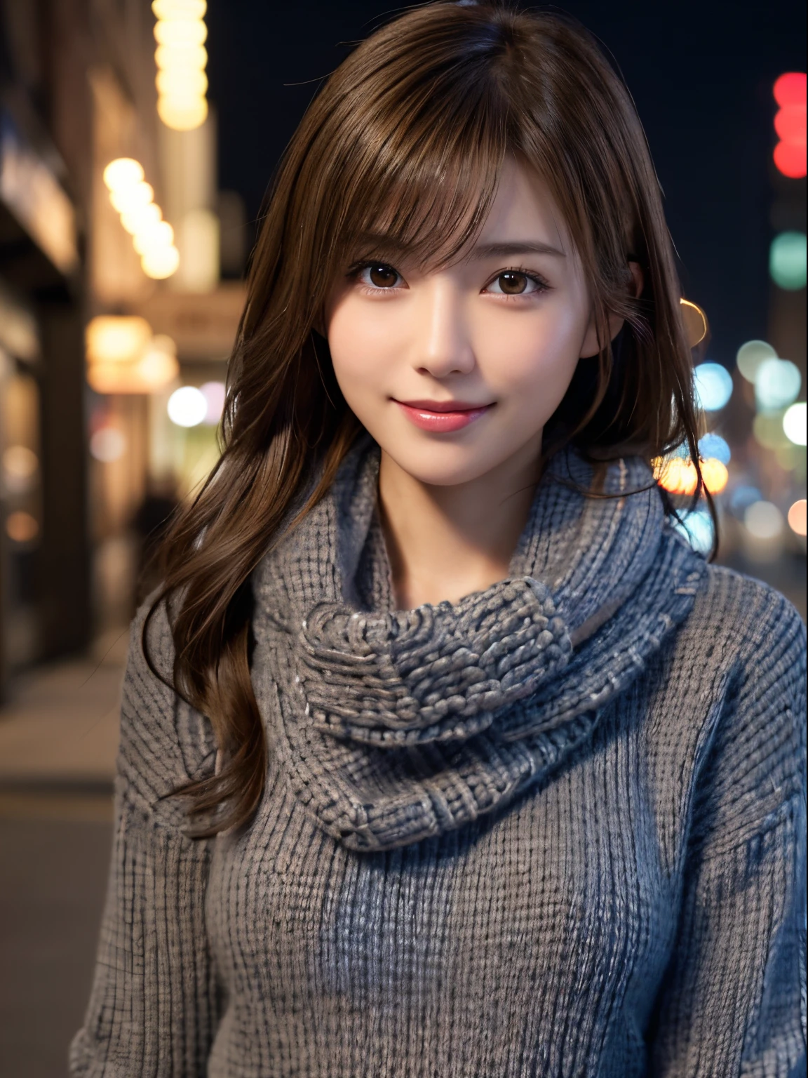 1 japanese girl,(Dark grey sweater:1.4),(she wears a knitted scarf around her neck.:1.2), (Raw photo, Best Quality), (Realistic, Photorealsitic:1.4), masutepiece, extremely delicate and beautiful, Extremely detailed, 8k wallpaper, amazing, finely detail, extremely detailed CG Unity, hight resolution, Soft light, Beautiful detailed 19 year old girl, extremely detailed eye and face, beautiful detailed nose, Beautiful detailed eyes,Cinematic lighting,city light at night,Perfect Anatomy,Slender body,Smiling  (hair messy, asymmetrical bangs, light brown hair,)