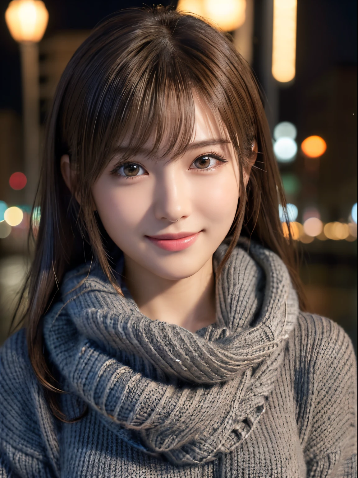 1 japanese girl,(Dark grey sweater:1.4),(she wears a knitted scarf around her neck.:1.2), (Raw photo, Best Quality), (Realistic, Photorealsitic:1.4), masutepiece, extremely delicate and beautiful, Extremely detailed, 8k wallpaper, amazing, finely detail, extremely detailed CG Unity, hight resolution, Soft light, Beautiful detailed 19 year old girl, extremely detailed eye and face, beautiful detailed nose, Beautiful detailed eyes,Cinematic lighting,city light at night,Perfect Anatomy,Slender body,Smiling (hair messy, asymmetrical bangs, light brown hair,)