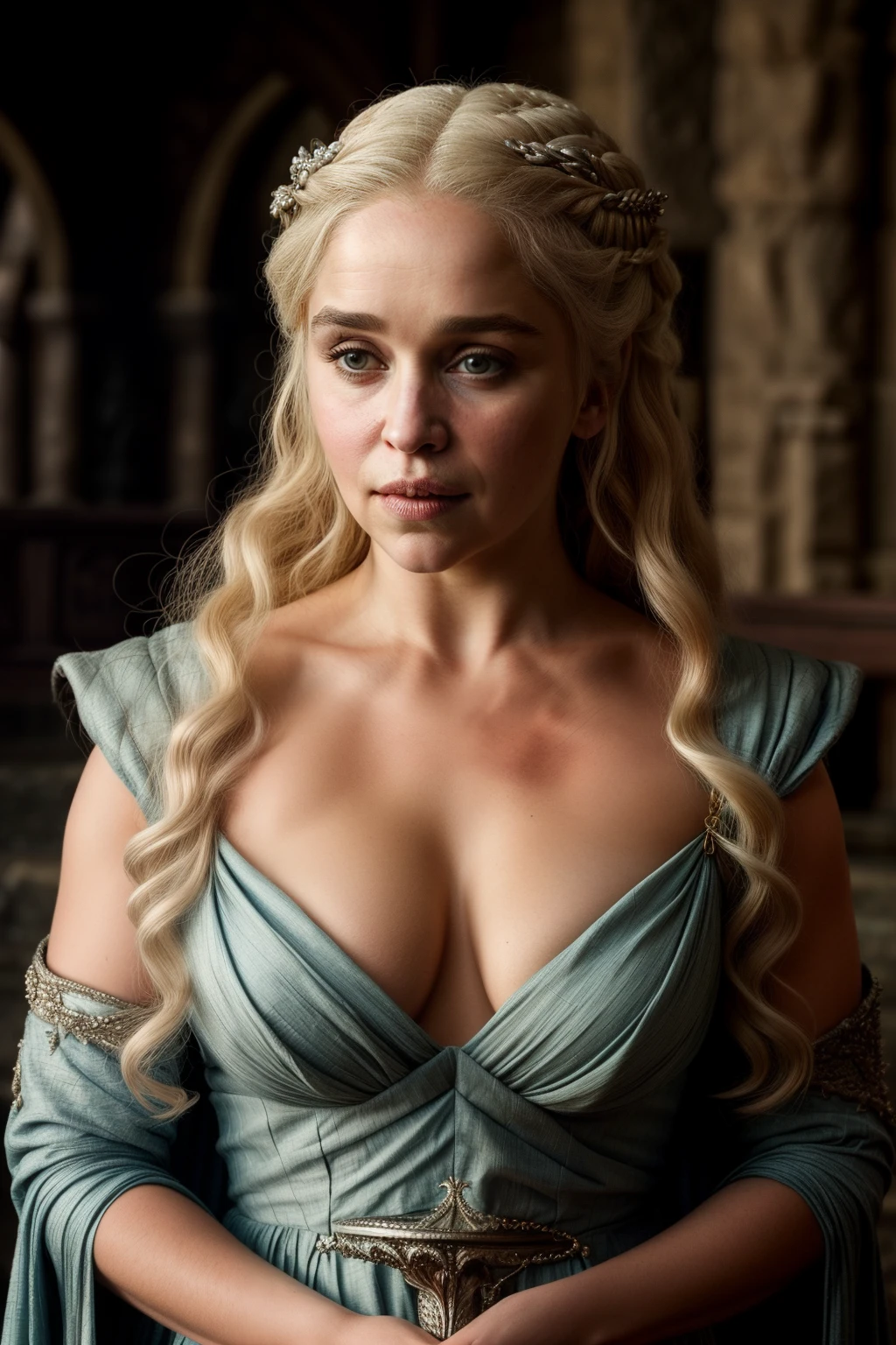 Masterpiece, Daenerys Targaryen, Gorgeous woman, queen, Queen Lady, Princess of Dragonstone, black mole on breast, The Unburnt, Queen of Meereen, Queen of the Andals, the Rhoynar and the First Men (claimant), Protector of the Seven Kingdoms (claimant), Khaleesi of the Great Grass Sea, Breaker of Shackles, Mother of Dragons, The One Who Was Promised, Lady of Dragonstone , 35 years Old, she  a Full growned lady now, beautiful mature lady, the queen, milf beauty, mature queen, Best quality, a small, charming Beauty, a captivating woman, fully ripen milf body, lustful queen, alluring appearance, unrivaled beauty, wonderful breasts, large breasts, mediaeval erotic costumes, a Game of Thrones-inspired costume, a close-up of a woman from the middle ages, Daenerys Targaryen, Daenerys, resembles Emilia Clarke, Emilia Clarke, scene from "Game of Throne," deep cleavage, warrior princess, healthy body, perfect thick body, attractive figure, fleshy body, style of "Game of Throne," beautiful lady, beautiful woman, mediaeval clothes, stunning woman, 8K, insane details, dress made of clothes and jewelry, perfect hair, styled hair, perfect hands, perfect fingers, perfect eyes