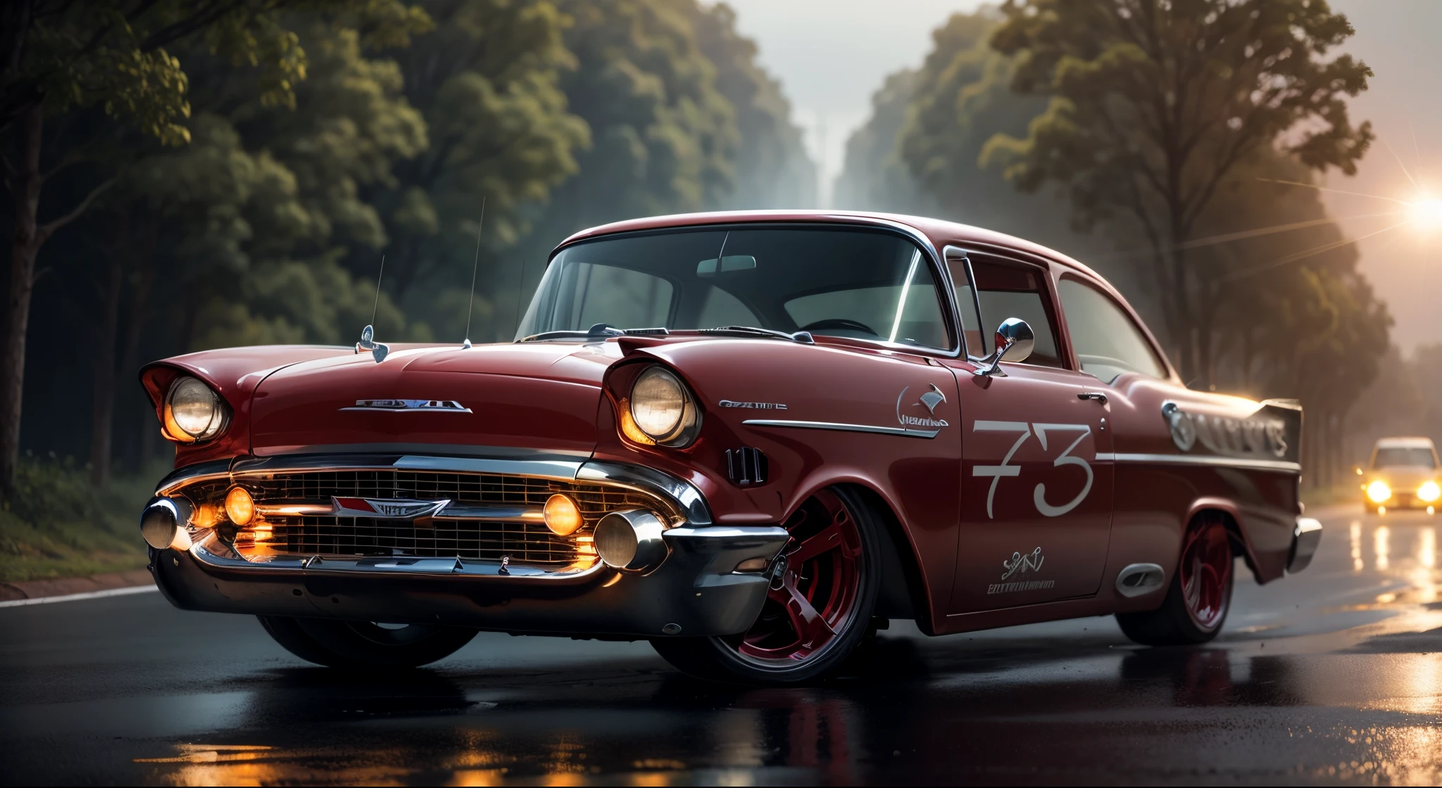 A custom RED &#39;57 Chevy race car with headlights on and on reflecting off the wet road being driven by a man on a winding road. O carro em movimento, with trees lined up on both sides of the road. I want an image that captures the feeling of an exciting journey, com o homem curtindo o passeio em um dia ensolarado.