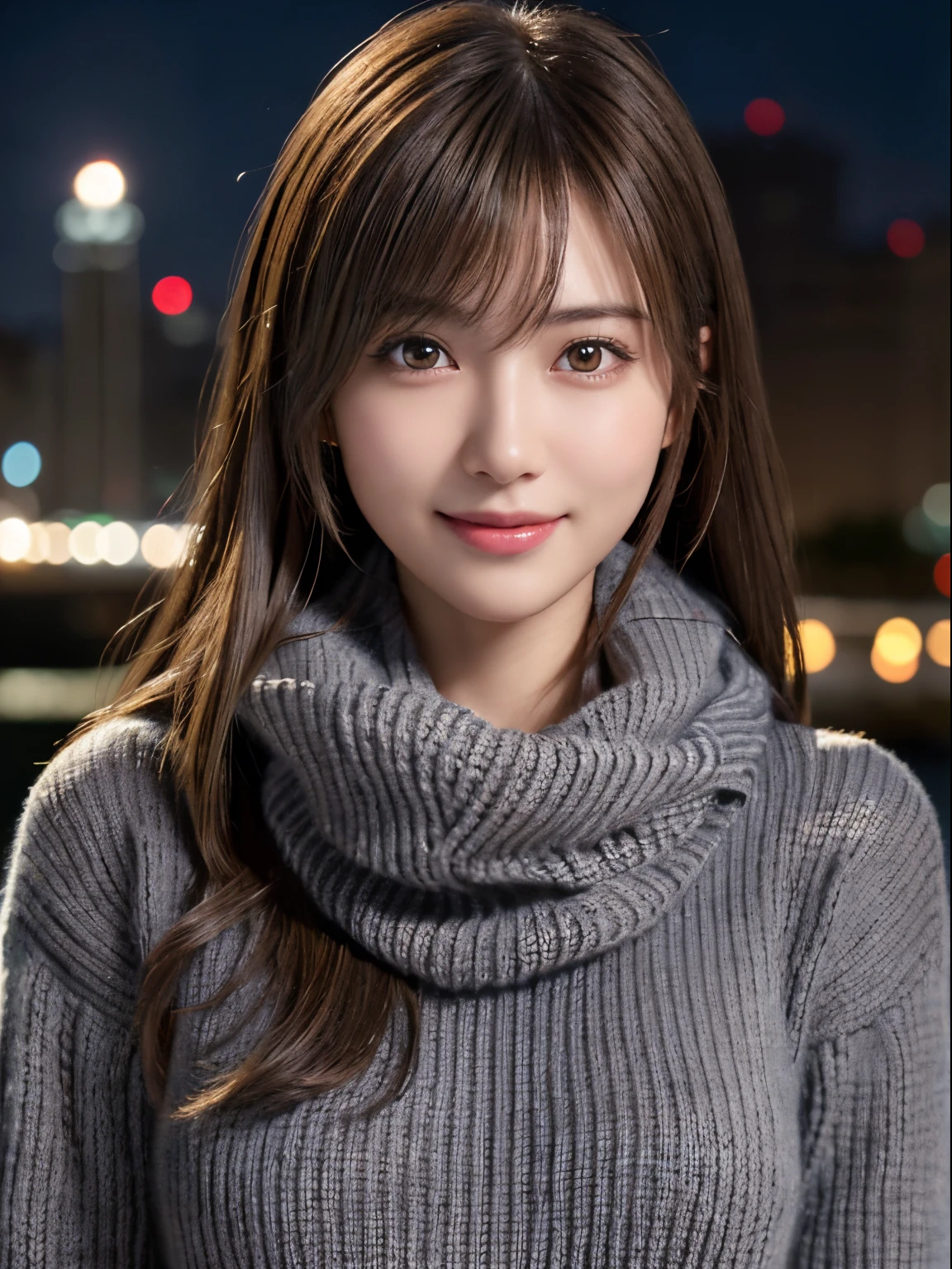 1 japanese girl,(Dark grey sweater:1.4),(she wears a knitted scarf around her neck.:1.2), (Raw photo, Best Quality), (Realistic, Photorealsitic:1.4), masutepiece, extremely delicate and beautiful, Extremely detailed, 8k wallpaper, amazing, finely detail, extremely detailed CG Unity, hight resolution, Soft light, Beautiful detailed 19 year old girl, extremely detailed eye and face, beautiful detailed nose, Beautiful detailed eyes,Cinematic lighting,city light at night,Perfect Anatomy,Slender body,Smiling  (hair messy, asymmetrical bangs, light brown hair,)