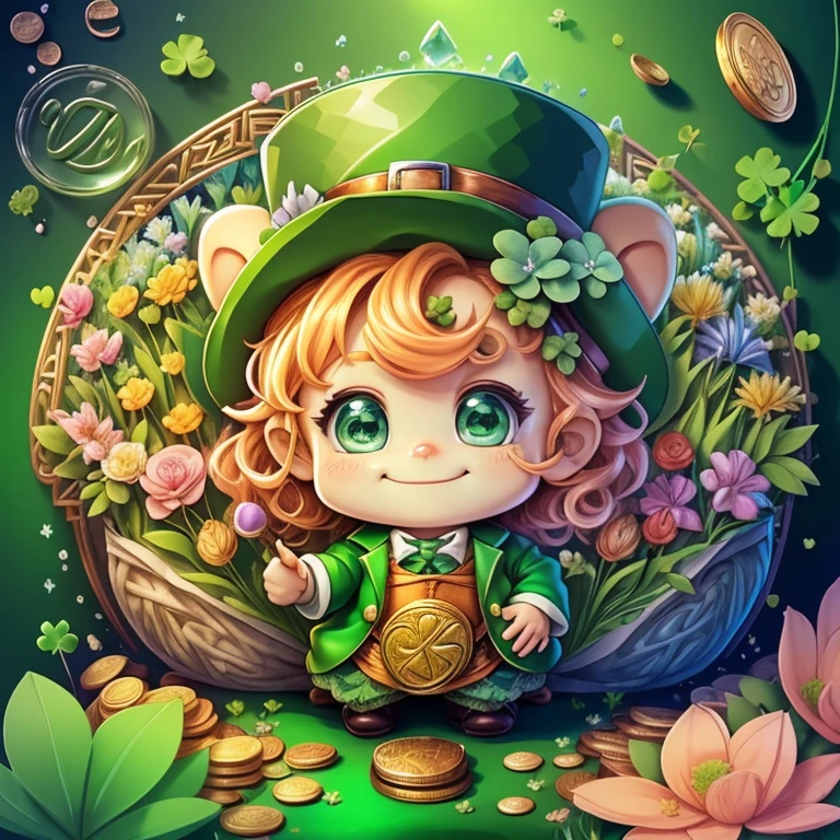 (cute leprechaun smiling with big green sac and flowers and coins and clovers) Munchkin ,Geometric multidimensional wall portrait, livro de arte, Tchibi,
Yang08k, Beautiful, Colouring,
Obras, of the highest quality, best quality, Arte Oficial, Beautiful and Aesthetic,