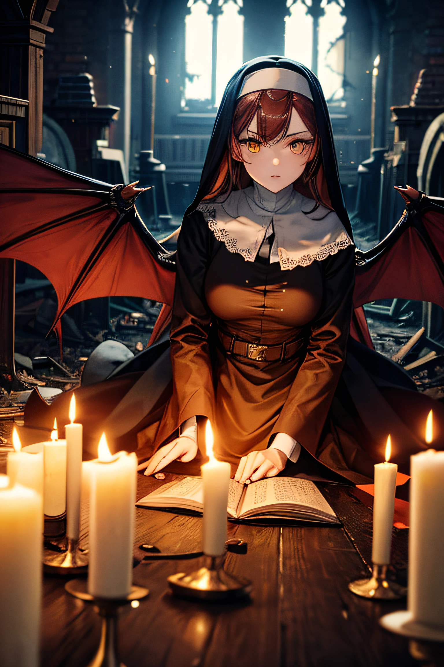 Menina de 20 anos, olhos amarelos brilhantes, cabelos castanhos avermelhados, demon wings, vestindo uma roupa de freira, no fundo de uma antiga igreja abandonada, With multiple candles, olhar macabro, 4k resolution