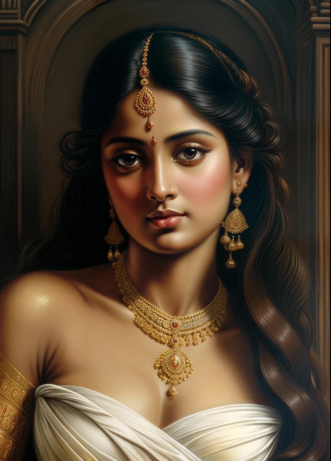 Beautiful Indian Woman, wearing saree, sari Beauty, gorgeous, Apsara, Maharani, royal queen woman, nymph from Hindu Mythology, Urvashi, matchless beauty, Highly detailed, Oil Painting by Peter Paul Rubens inspired by Raja Ravi Varma, Matchless beauty, captivating, gorgeous, heavenly beauty, celestial beauty, by Peter Paul Rubens, 1893, realistic, hyper realistic, micro details, incredible artwork, insane details, ultra High resolution, 8k, 32k, acrylic on canvas, intricate, flawless, detailed, detailed face, detailed eyes, masterpiece, by Peter Paul Rubens, by Caravaggio, by William Adolphe bouguereau, perfect face, perfect body, beautiful art, realism, baroque, renaissance Art, highly textured, beautiful and detailed eyes, uhd, best quality,