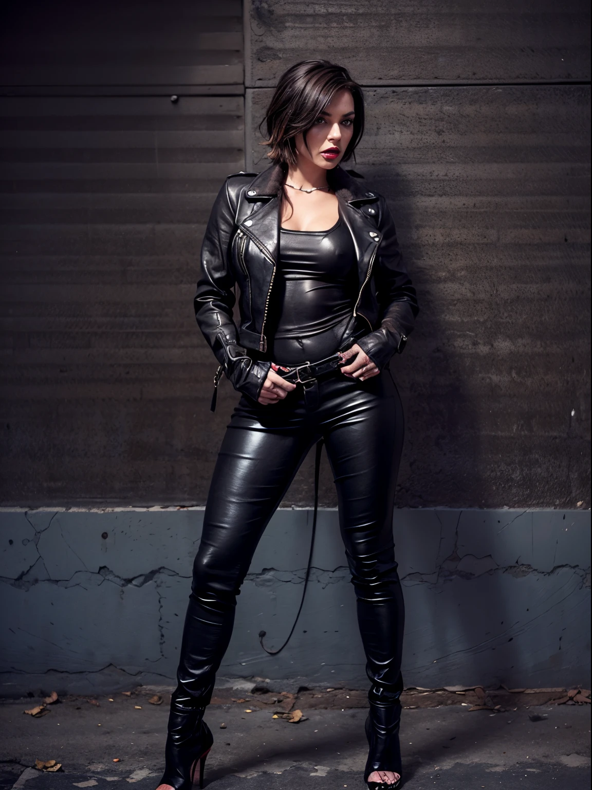 Girl in rough leather clothes before torture:
short, Dark brown hair, in a high holster.
Lips in red lipstick.
Tight, black rough clothes.
Dark, ripped pants.
Dark, Stilettos.