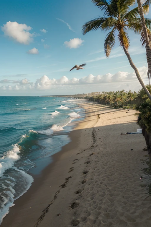 The shore of the sea and a palm tree and a bird flying