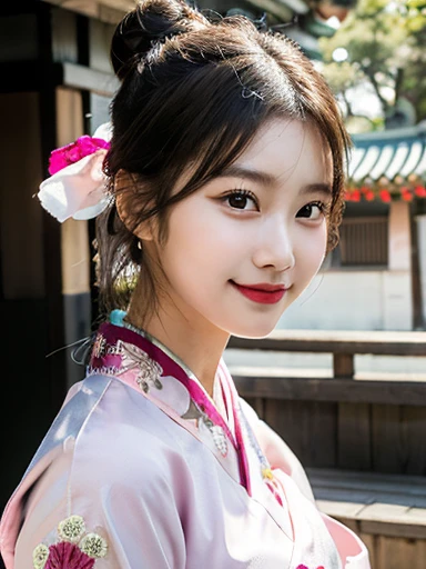 (masterpiece, best quality, photo realistic, official art:1.4), (UHD, 8K quality wallpaper, High resolution, raw photo, film grain:1.2), (shiny skin), professional lighting, physically-based rendering, Award-winning, highly detailed skin, (extremely detailed face and eyes, clear pupils), Carl Zeiss 300 mm F/2.8, depth of field, BREAK, 1girl, solo, kawaii 24-year-old Korean girl, (Nogizaka idol:0.7), (Korean idol Suzy), (glossy straight black hair, double buns, forehead:1.3), extra rounded face, (single eyelid), (shy smile:1.3), (wearing light pink Hanbok with colorful floral patterned embroideries:1.3), ( emphasized, well shaped :0.8), (looking at viewer), BREAK, (at a Korean temple), winter daytime, warm sunlight, ( posing, dynamic angle:1.3), bust shot,