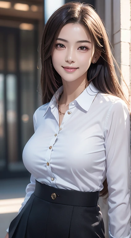 Photorealistic, masutepiece, Best Quality, Raw photo, 1girl in, Solo, Long hair, Brown hair, Detailed face, alluring face, mournful smile、From thigh up、Collared shirt, medium breasts, Dynamic Pose, Looking at Viewer, From below, Detailed background, fine detailed, intricate detailes, Ray tracing, depth of fields, lowkey, nffsw