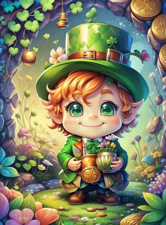 (cute leprechaun smiling with big sac and flowers and coins and four leaf clovers) Munchkin ,Geometric multidimensional wall portrait, livro de arte, Tchibi,
Yang08k, Beautiful, Colouring,
Obras, of the highest quality, best quality, Arte Oficial, Beautiful and Aesthetic,