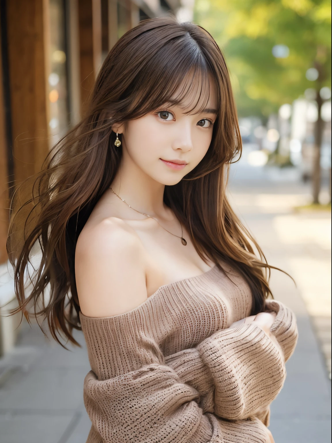 1girl in, (age19), Solo, Japanese ido、Long hair, Slightly larger, Looking at Viewer, long messy windy brown hair, eyes are brown, Bare shoulders, jewely, Full body, a necklace, off shoulders, Sweaters, Realistic, A sexy