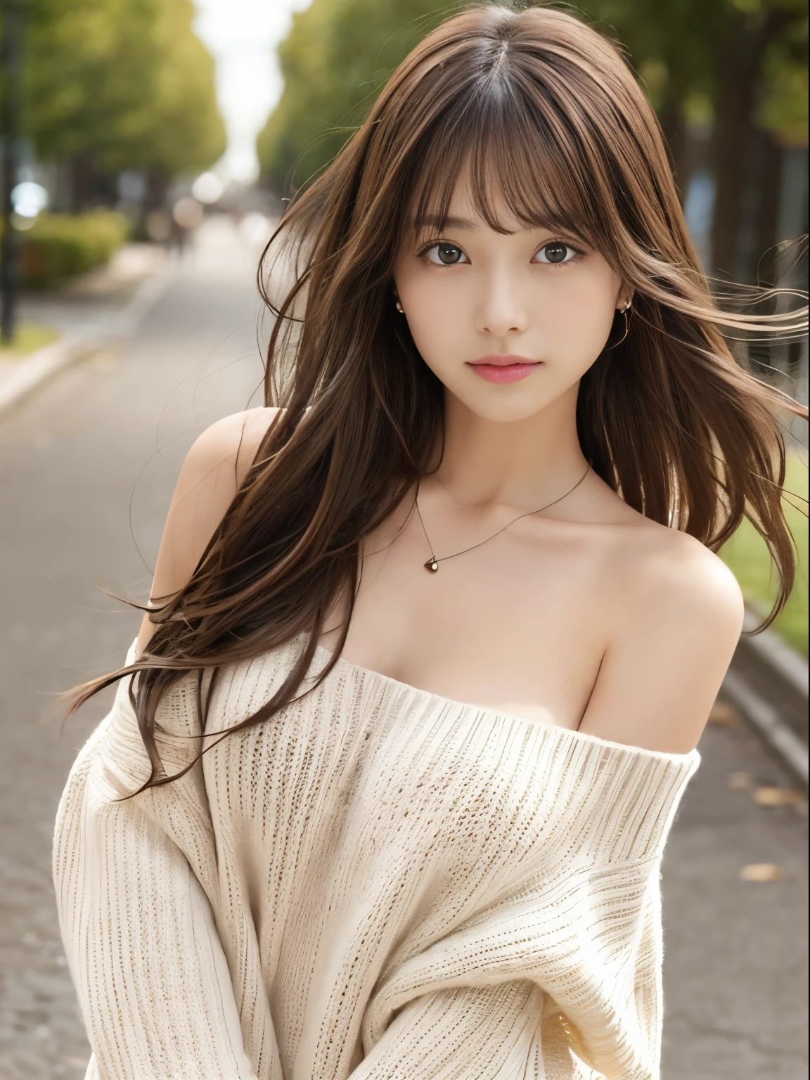 1girl in, (19), Solo, Japanese ido、Long hair, Slightly larger, Looking at Viewer, long messy windy brown hair, eyes are brown, Bare shoulders, jewely, Full body, a necklace, off shoulders, Sweaters, Realistic, A sexy