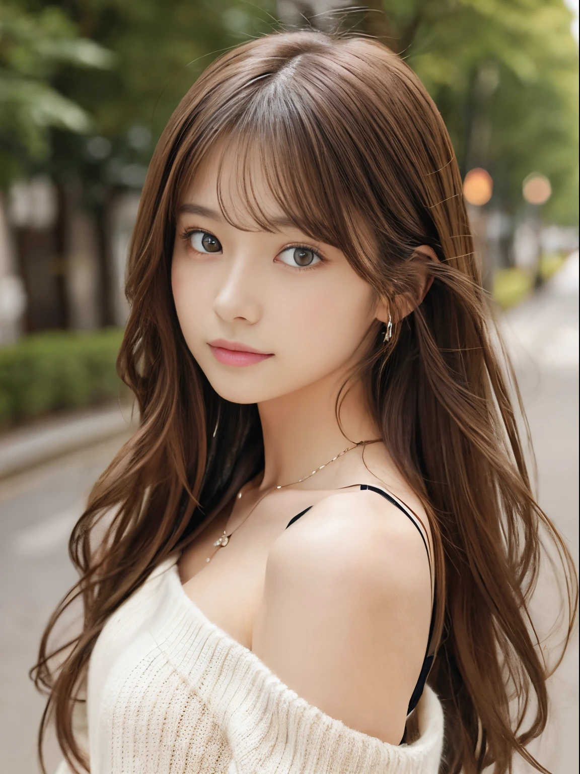 1girl in, (age19), Solo, Japanese ido、Long hair, Slightly larger, Looking at Viewer, long messy windy brown hair, eyes are brown, Bare shoulders, jewely, Full body, a necklace, off shoulders, Sweaters, Realistic, A sexy