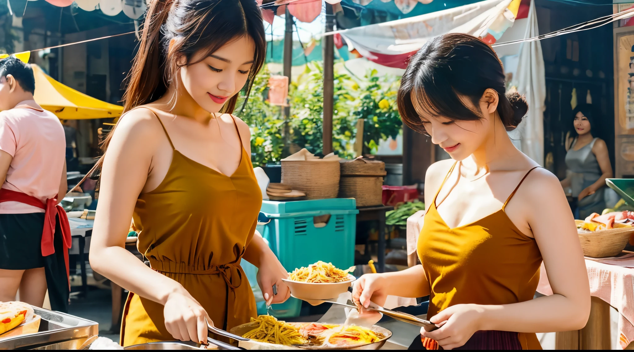 "Generated illustration of happy young Japanese woman enjoying a healthy lunch with friends after a group exercise session, resaltando la importancia de la comunidad en su vida."