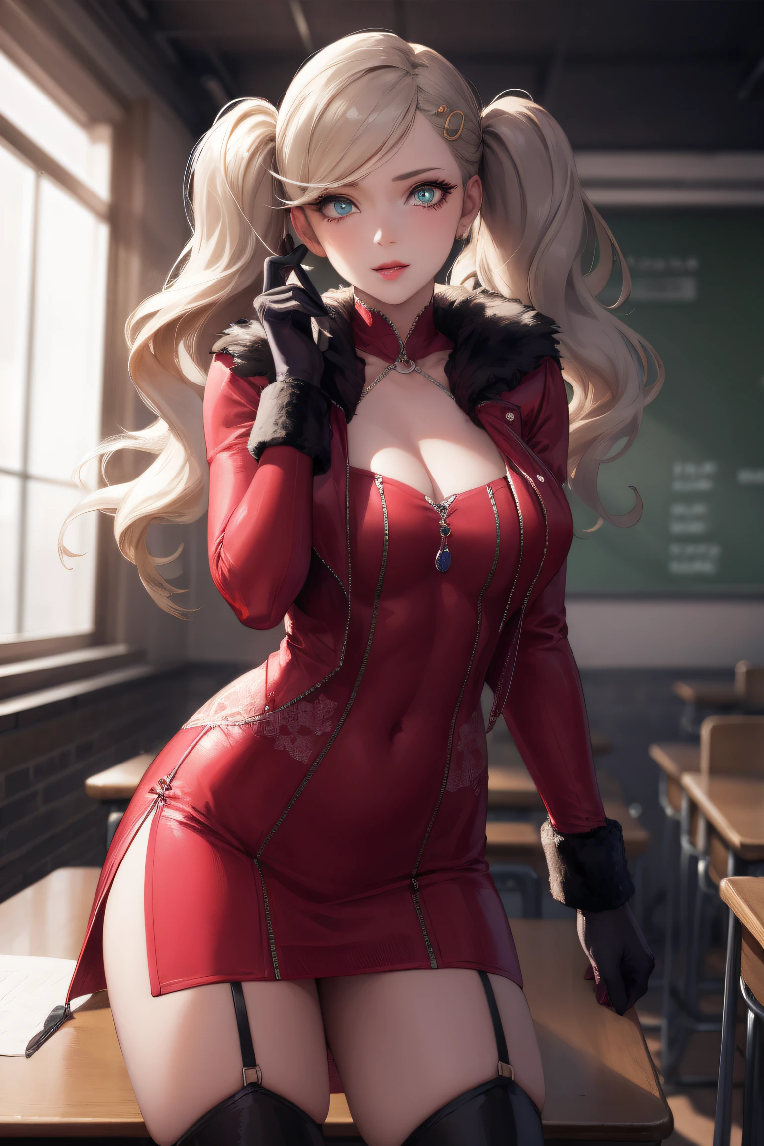 anntakamaki, anne takamaki, blonde hair, blue eyes, hair ornament, hairclip, long hair, swept bangs, twintails, wavy hair,
BREAK black gloves, elbow gloves, fur trim, dress, coat, High contrast,
BREAK looking at viewer,
BREAK indoors, classroom,
BREAK (masterpiece:1.2), best quality, high resolution, unity 8k wallpaper, (illustration:0.8), (beautiful detailed eyes:1.6), extremely detailed face, perfect lighting, extremely detailed CG, (perfect hands, perfect anatomy),