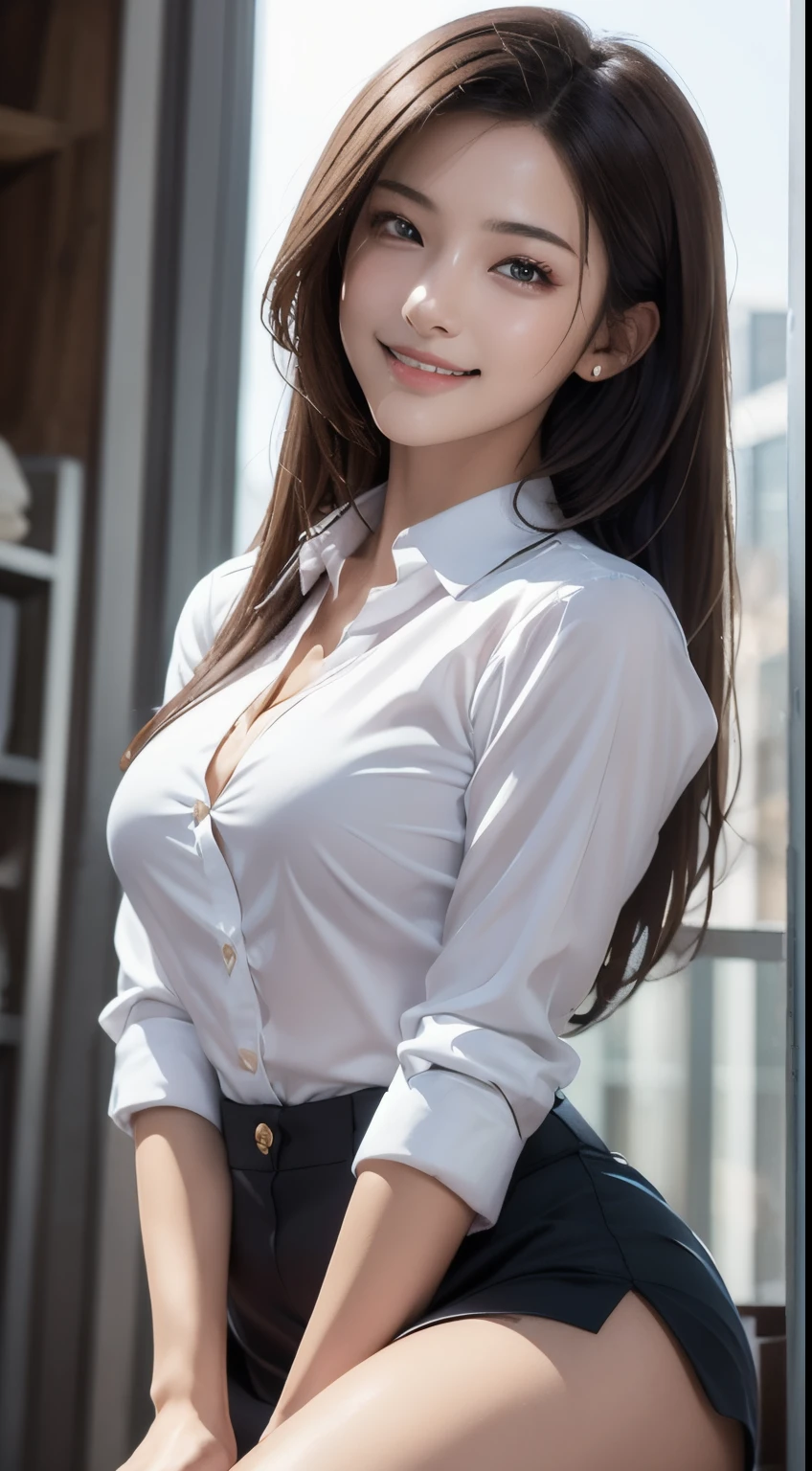 Photorealistic, masutepiece, Best Quality, Raw photo, 1girl in, Solo, Long hair, Brown hair, Detailed face, alluring face, mournful smile、From thigh up、Collared shirt, , Dynamic Pose, Looking at Viewer, From below, Detailed background, fine detailed, intricate detailes,  Ray tracing, depth of fields, lowkey, nffsw