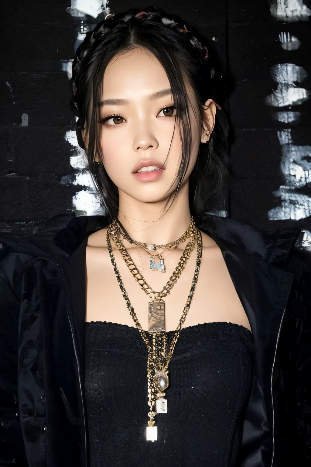 un primer plano de una mujer vestida con un top negro y un collar de cadena de oro, Blackpink Jennie, Jossi de Blackpink, Parque Roseanne de Blackpink, Gongbi, Cadenas para el cuello, Retrato de Jossi de Blackpink, cruel korean goth girl, Lulu Chen, Heonhwa Choe, wearing a bandana and chain, Uso de cadenas, JIA, Parque Ji-min, usando gargantilla