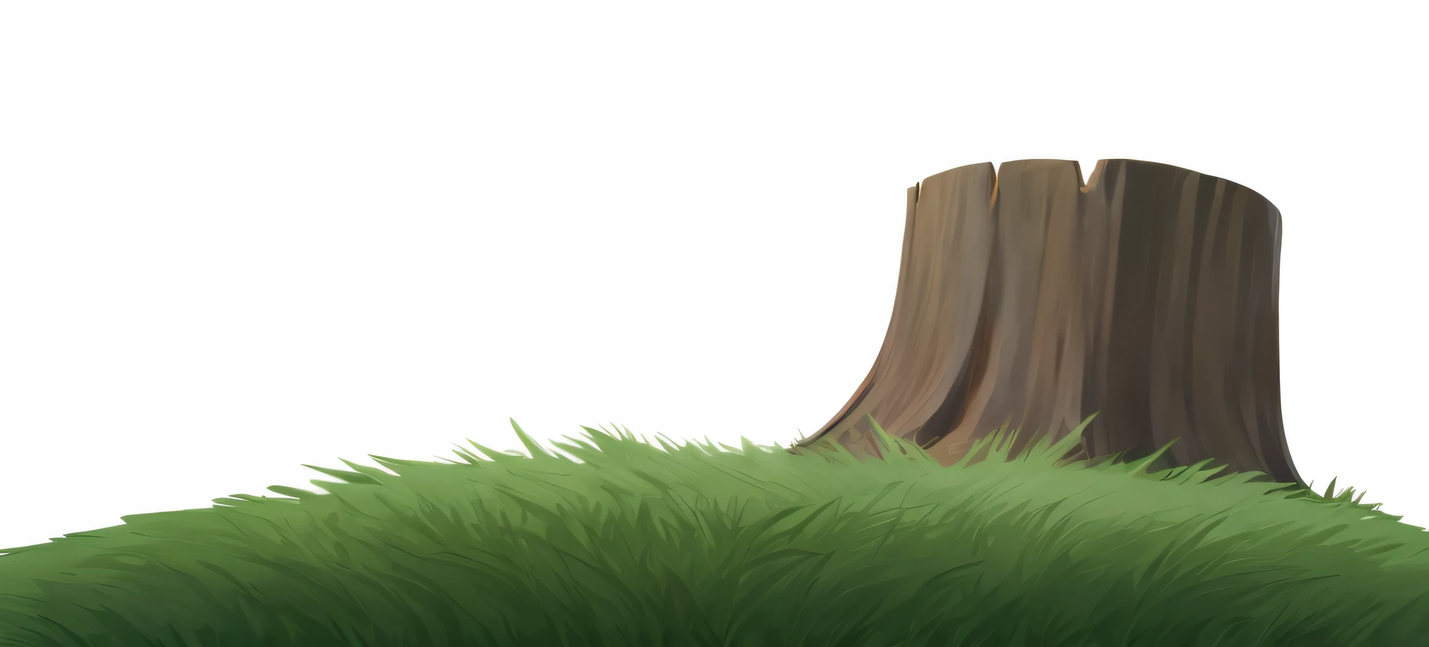 there a tree stump with a green grass on the ground, solid white background