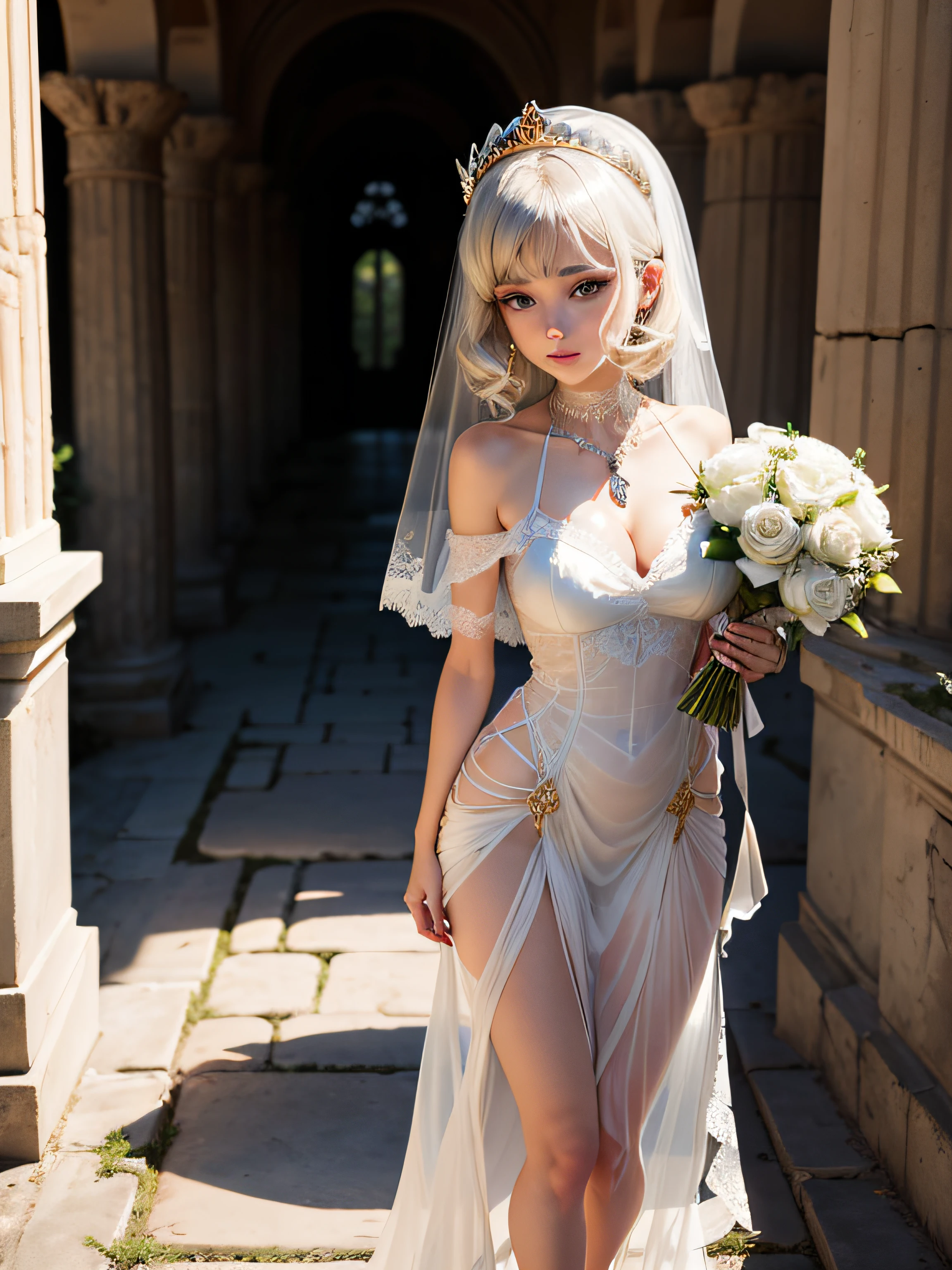 Ancient Greek ruins where only pillars remain、Walk in front of the fountain、Full body posture、8K、realphoto、超A high resolution, Master Parts, Best Quality, nffsw , cinematic images,Lovely girl、ann、18year old、Anglo-Saxon、二重まぶた、drooing eyes、Very big eyes、Dark eye shadow、The lips are very thin、the tip of the nose is small,,,,,、 ighly detailed , Gold Hair、Straight short hair、ssmile、 Sweet look 、a very beautiful woman、legs are long、 Very clear shadows , jewely , A sexy , A detailed eye, very intricate, shiny skins , Perfect Brilliant, Perfect Lighting, Dramatic shadows ,White tiara on head、Greek see-through white dress、Dress is a see-through mini skirt、See-through white lace angel wings、Behind the shoulders 、High Heel Glass Shoes、Lace white gloves、holding a bouquet of white flowers with both hands、White see-through veil from the back of the head、Silver necklace around the neck、