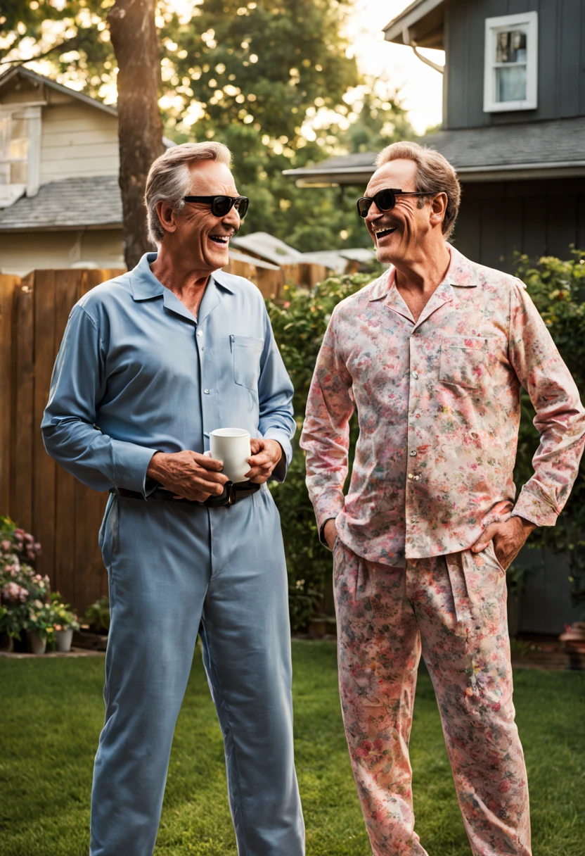 Visualize Jack, a middle-aged white man, now in comfortable pajamas, standing in his backyard with his neighbor, who is also dressed in casual sleepwear.
The atmosphere is relaxed, with a warm evening breeze and soft lighting from string lights hung around the yard.
Jack's formal suit, tie, and sunglasses are replaced by cozy pajamas, reflecting a complete transformation in his approach and demeanor.
He and his neighbor share hearty laughter as they engage in a lighthearted conversation, completely at ease with each other.
Jack's character is now friendly, approachable, and down-to-earth, a stark contrast to his initial formal introduction.
They playfully engage in activities like tossing a ball or enjoying a drink, cherishing this newfound friendship.
The backyard, once a symbol of distance, now serves as a space for laughter, connection, and shared moments.