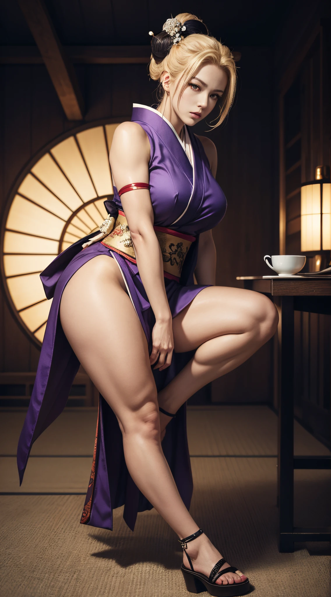 Masterpiece, highlydetailed, Hyperrealistic, HD fullbodyshot from below of a beautiful Tsukuyo from gintama, wearing a falloff shoulders geisha outfit, smoking pipe, face stitchs, glowing purple Eyes, blond hair, hairpins, high japanese footwear ,perfect figure, perfect anatomy, perfect face features with serious gaze looking downward, perfect body shape with curvy and muscular seductive body,