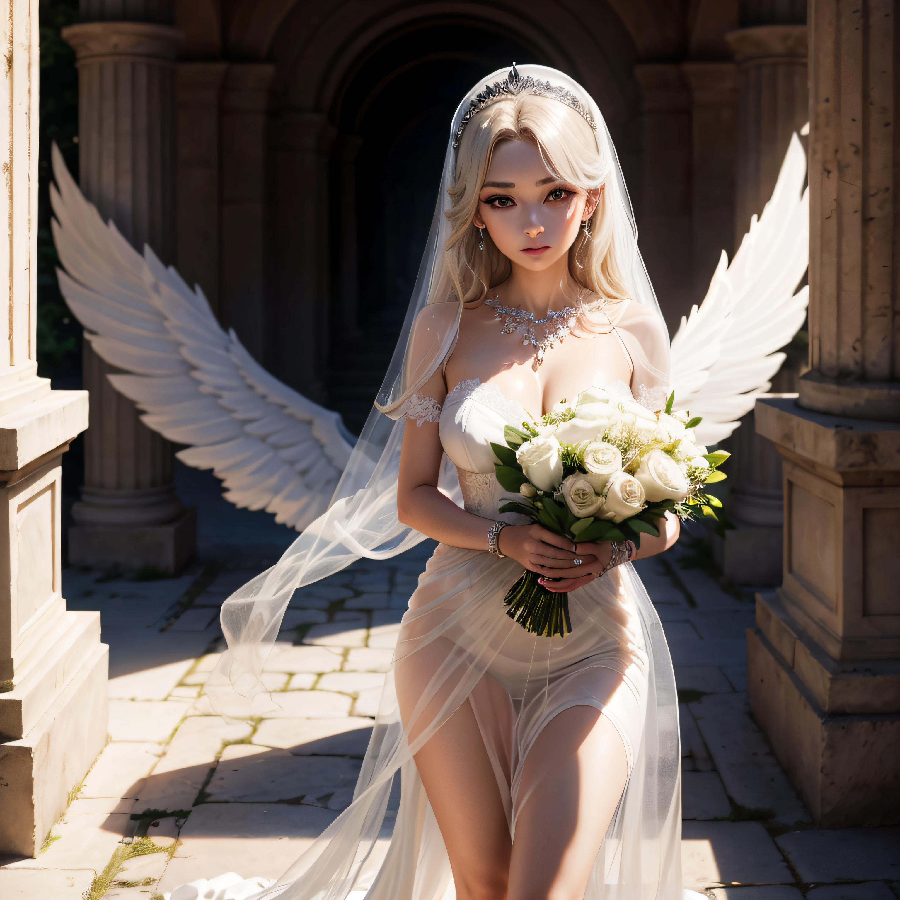 Ancient Greek ruins where only pillars remain、Walk in front of the fountain、Full body posture、8K、realphoto、超A high resolution, Master Parts, Best Quality, nffsw , cinematic images,Lovely girl、ann、18year old、Anglo-Saxon、二重まぶた、drooing eyes、Very big eyes、Dark eye shadow、The lips are very thin、The muscles of the nose stretch beautifully、the tip of the nose is small,,,,, ighly detailed , Gold Hair、Straight short hair、ssmile、 Sweet look 、a very beautiful woman、legs are long、 Very clear shadows , jewely , A sexy , A detailed eye, very intricate, shiny skins , Perfect Brilliant, Perfect Lighting, Dramatic shadows ,White tiara on head、Greek see-through white dress、Dress is a see-through mini skirt、See-through white lace angel wings、Behind the shoulders 、High Heel Glass Shoes、Lace white gloves、holding a bouquet of white flowers with both hands、White see-through veil from the back of the head、Silver necklace around the neck、
