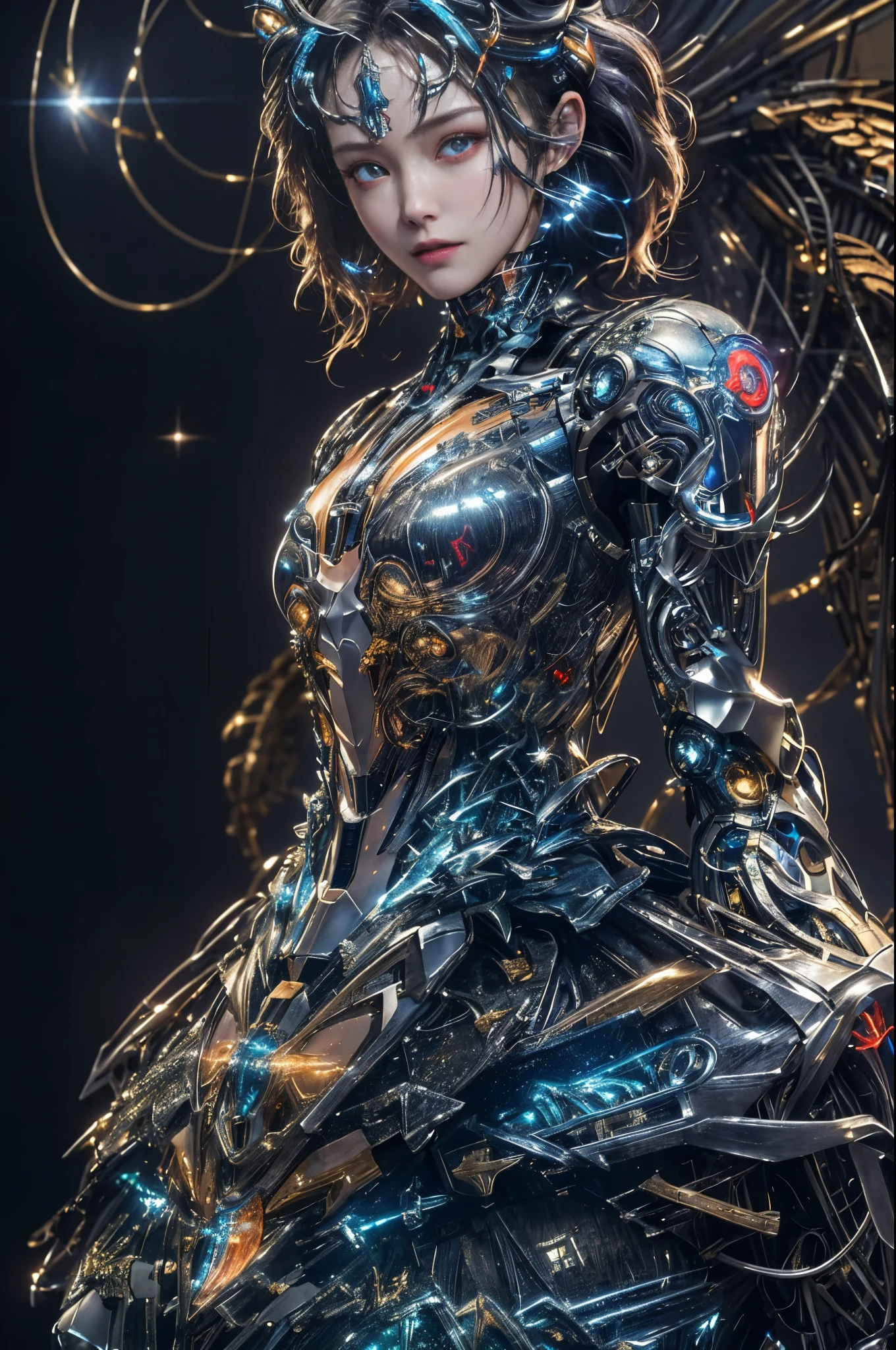 masterpiece,best quality,ultra-detailed,very detailed illustrations,extremely detailed,intricate details,highres,super complex details,extremely detailed 8k cg wallpaper,cowboy shot, caustics,reflection,ray tracing,demontheme,nebula,dark aura,cyber effect, (1girl:1.4),solo,alone,mecha musume,mechanical parts, robot joints,single mechanical arm, headgear, mechanical halo,star halo,intricate mechanical bodysuit, mecha corset, kimono, full armor, very long hair,white hair, hair between eyes, multicolored hair, colored inner hair, red eyes,glowing eye,eye trail, random expressions,random action, ancient japanese architecture,pond, starry sky,skyline,