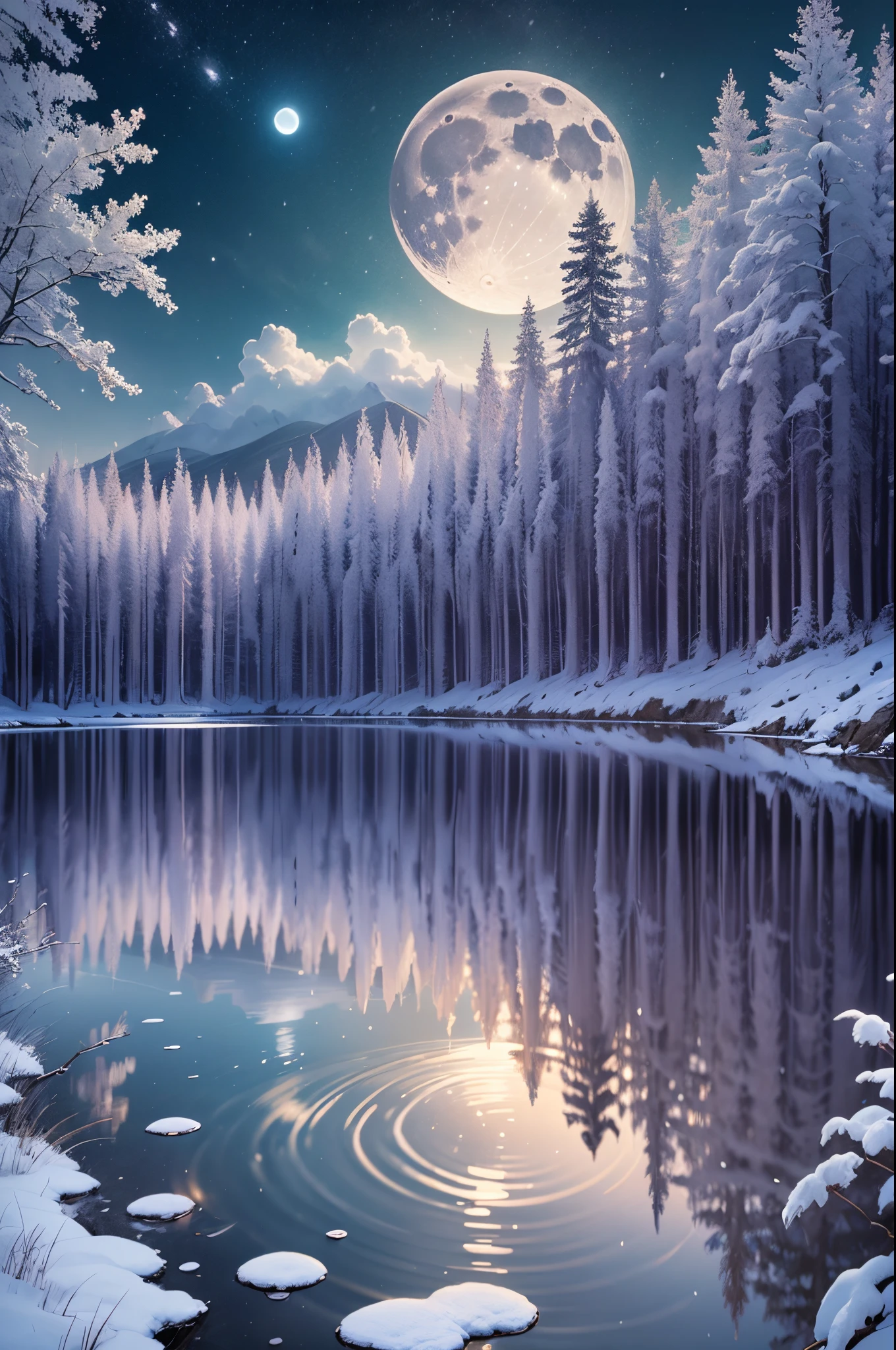 "Illusory Moonlight"
Tips on how to draw:
1. For the background of the scene, draw a night lake floating in the dark. Depict the reflection of moonlight on the surface of the water.
2. Clouds are vaguely spreading in the night sky. The shape of the clouds is soft and envelops the moon floating in the night sky.
3. The lake is surrounded by large trees. Moonlight shines on the branches and leaves of the trees, creating a fantastic glow.
4. The lake is overgrown with grass and flowers. Since it is snowing, I draw it as if the grass and flowers are also covered with white snow. It is also beautiful to express the way snow accumulates on the petals.
5. Overall, to create a tranquil atmosphere and a fantastic glow, it is a good idea to use a lot of blue and purple as shades. It is also important to create a three-dimensional effect by drawing shadows depending on the intensity of the moonlight.
Example prompts:
A girl standing in a lake at night. She is fascinated by the fantastic snowscape under the moonlight. The reflection of the moon and clouds on the surface of the water and the snow and flowers on the trees give her a sense of silence and happiness in her heart. Try to draw this moment.