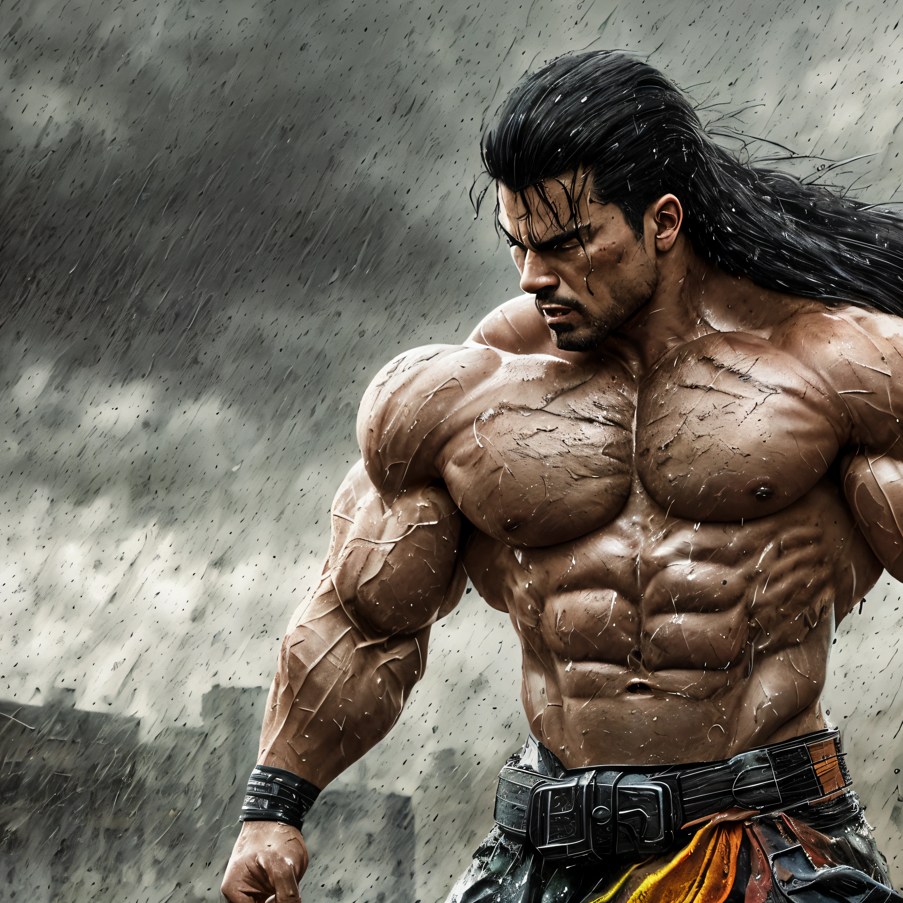 strong muscular man, black hair, street angry, unstoppable, protecting children behind his back, epic realistic, photo, faded, complex stuff around, intricate background, soaking wet, neutral colors, ((((hdr)))), ((((muted colors)))), intricate scene, artstation, intricate details, vignette, rain and thunderstorm