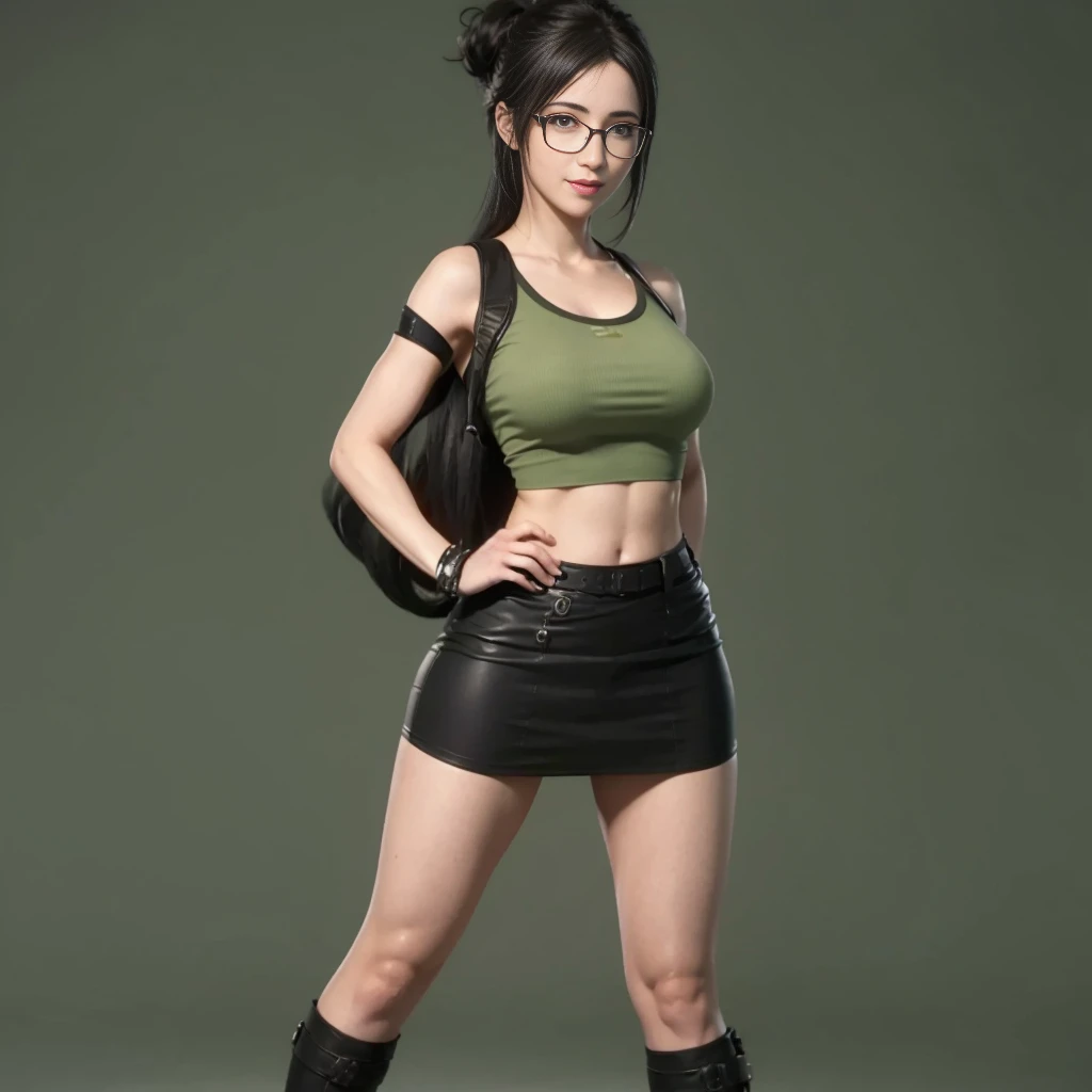 (best quality,ultra-detalhado),(Realistic:1.37),Tifa Lockhart, Rosto bonito e detalhado, maquiagem preta nos olhos, light smile expression, textura ultra realista, rosto delicado, corpo delicado, Fit physique, usando batom e brilho labial, usando oculos